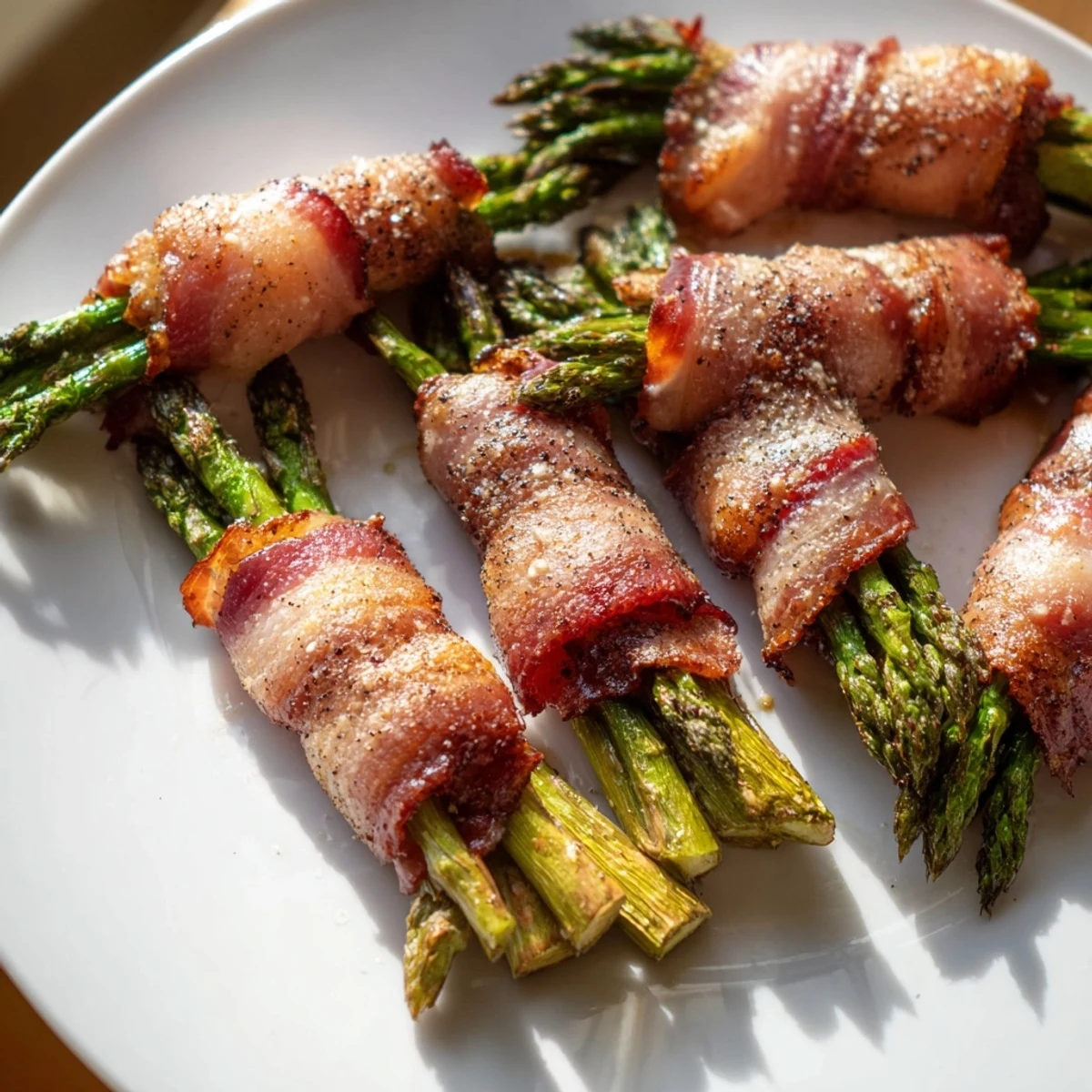 Crispy Beef Bacon Wrapped Asparagus Bundles roasted with garlic and olive oil on a rustic wooden serving platter.