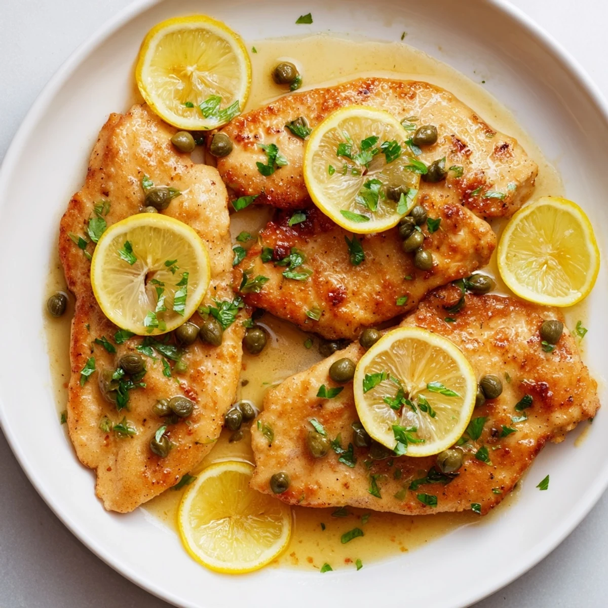 Crisp chicken piccata cutlets plated over angel hair pasta, drenched in tangy lemon butter caper sauce.