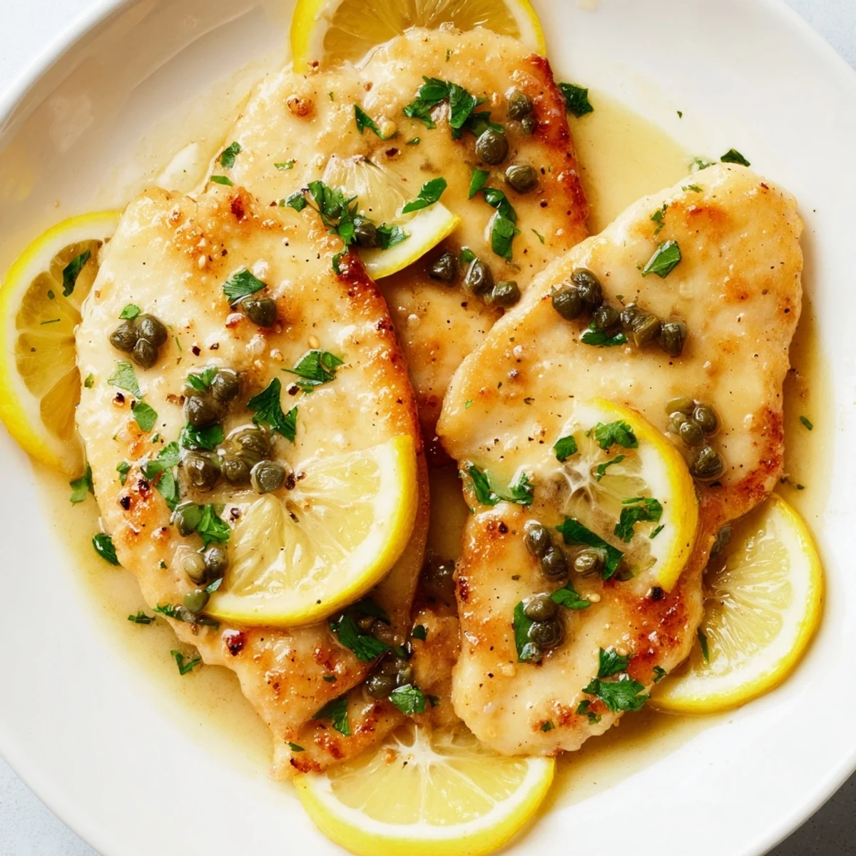 Golden-brown chicken piccata with capers resting in a vibrant lemon butter sauce, garnished with fresh parsley.