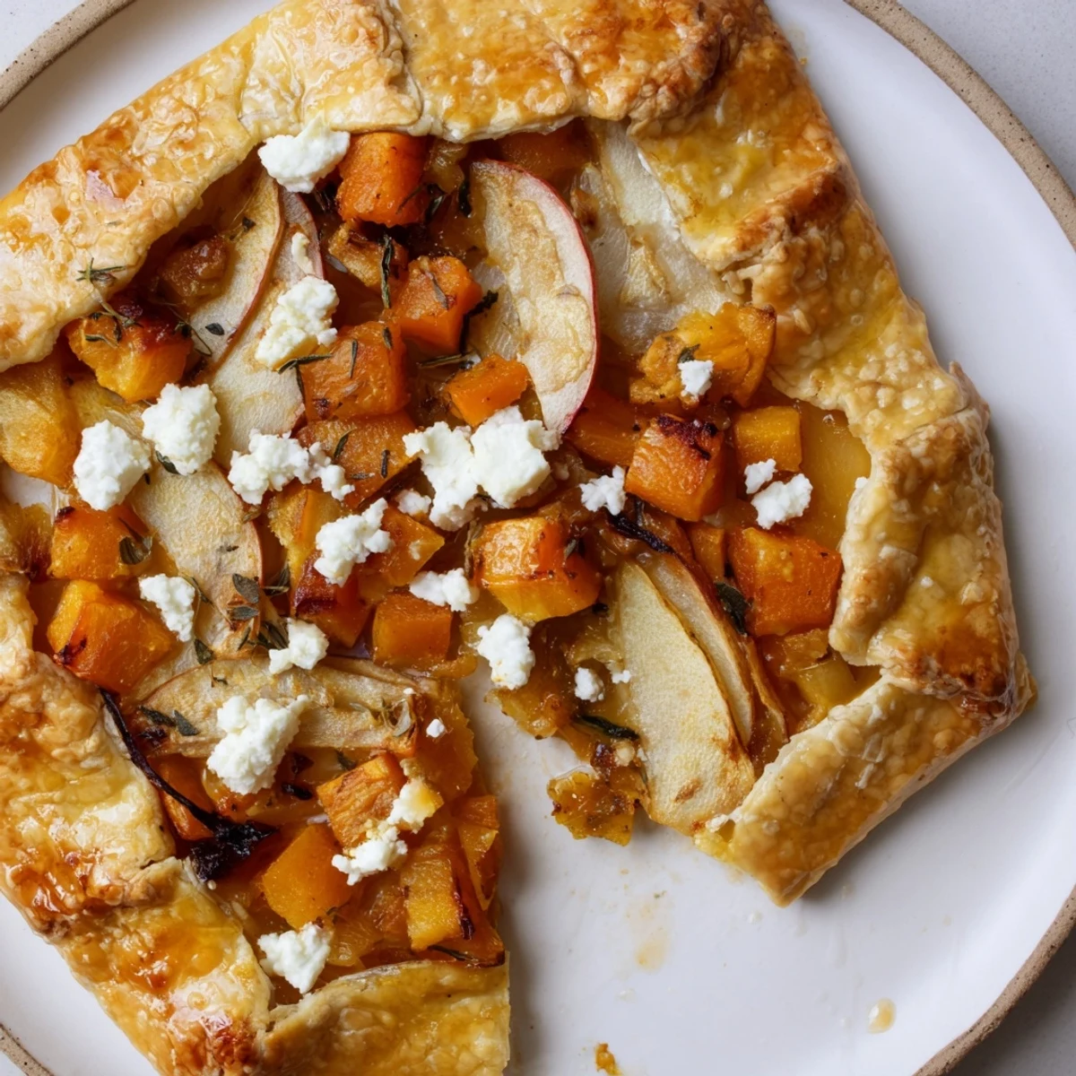 Slices of Roasted Butternut Squash and Apple Galette show caramelized apples and squash with crumbled goat cheese and sage.