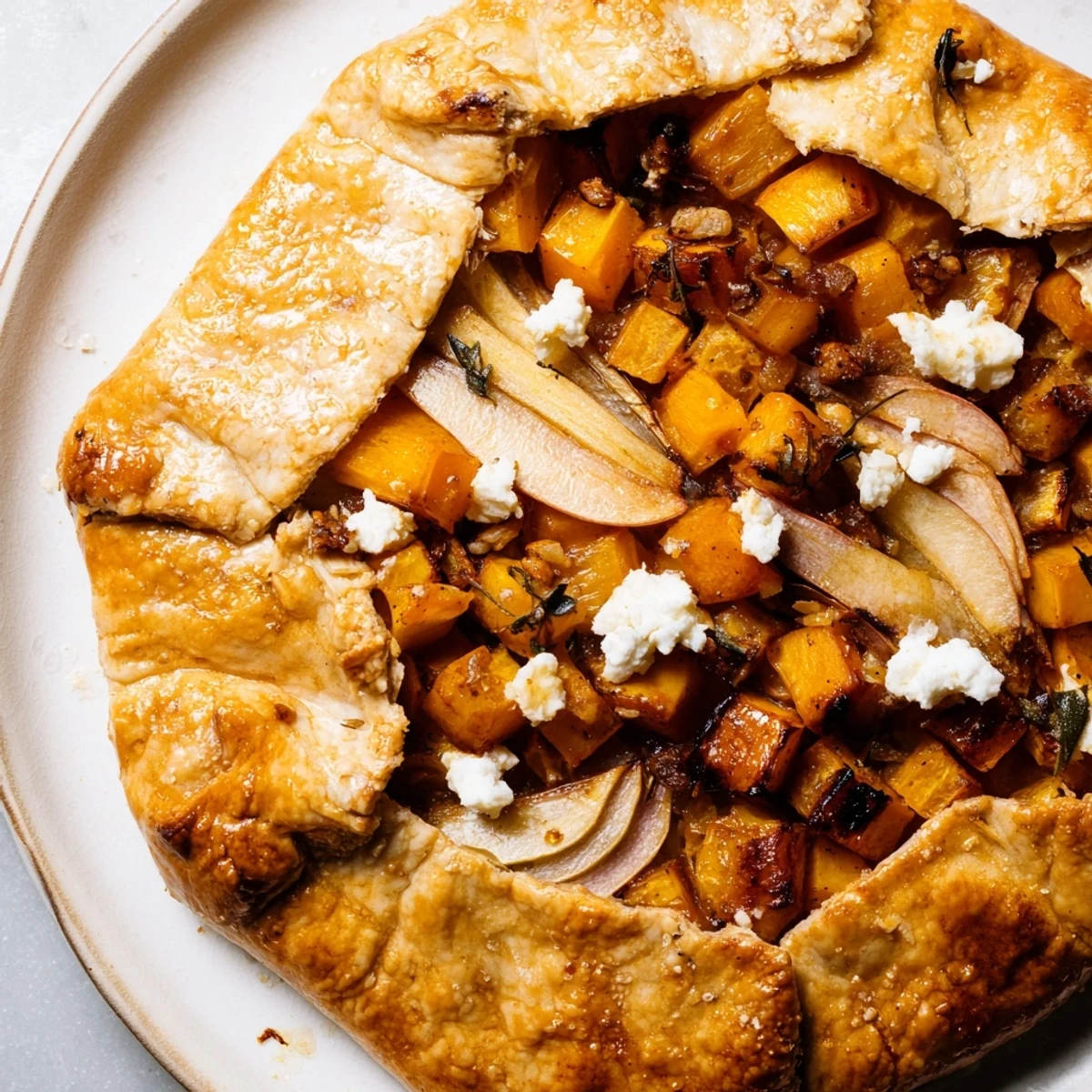 Freshly baked Roasted Butternut Squash and Apple Galette with sage sits on a wooden board, featuring golden-brown, flaky pastry edges.