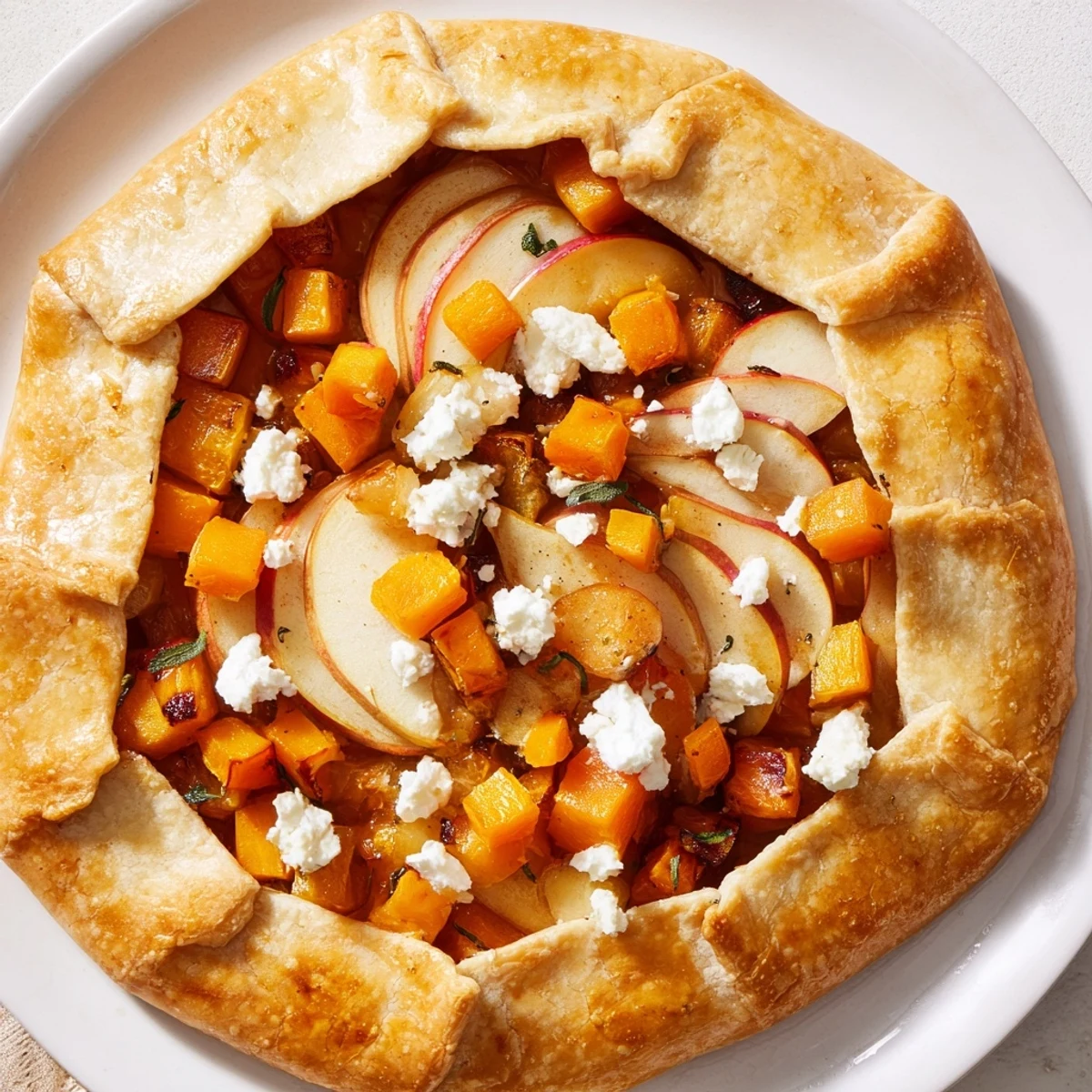 Rustic autumn-inspired Roasted Butternut Squash and Apple Galette served with fresh arugula salad, perfect for a cozy vegetarian dinner.