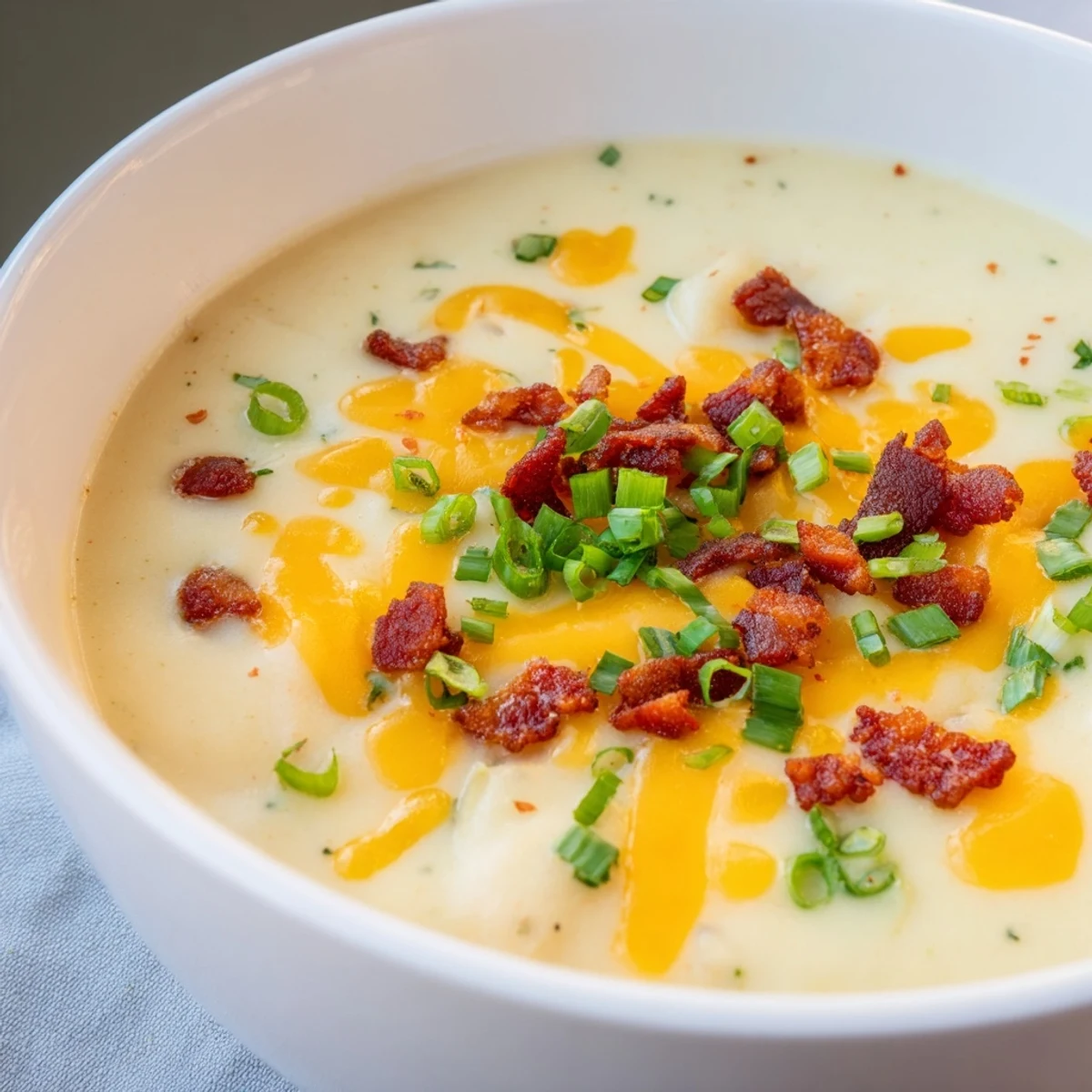 Creamy Potato Soup with Cheese and Beef Bacon ladled into a rustic bowl, topped with crispy bacon crumbles and fresh green chives.