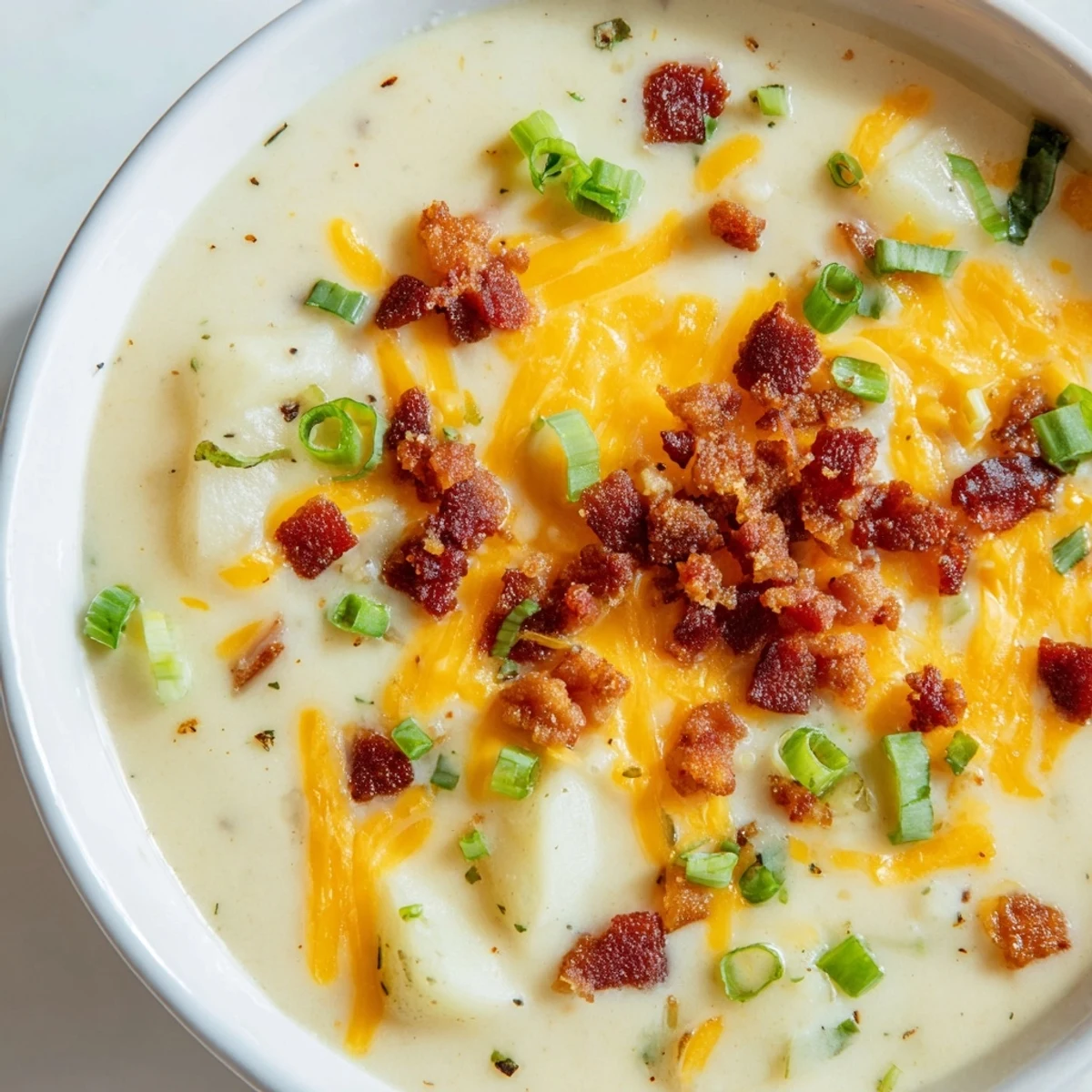 Steaming Creamy Potato Soup with Cheese and Beef Bacon in a white bowl, garnished with sharp cheddar and crispy beef bacon bits.