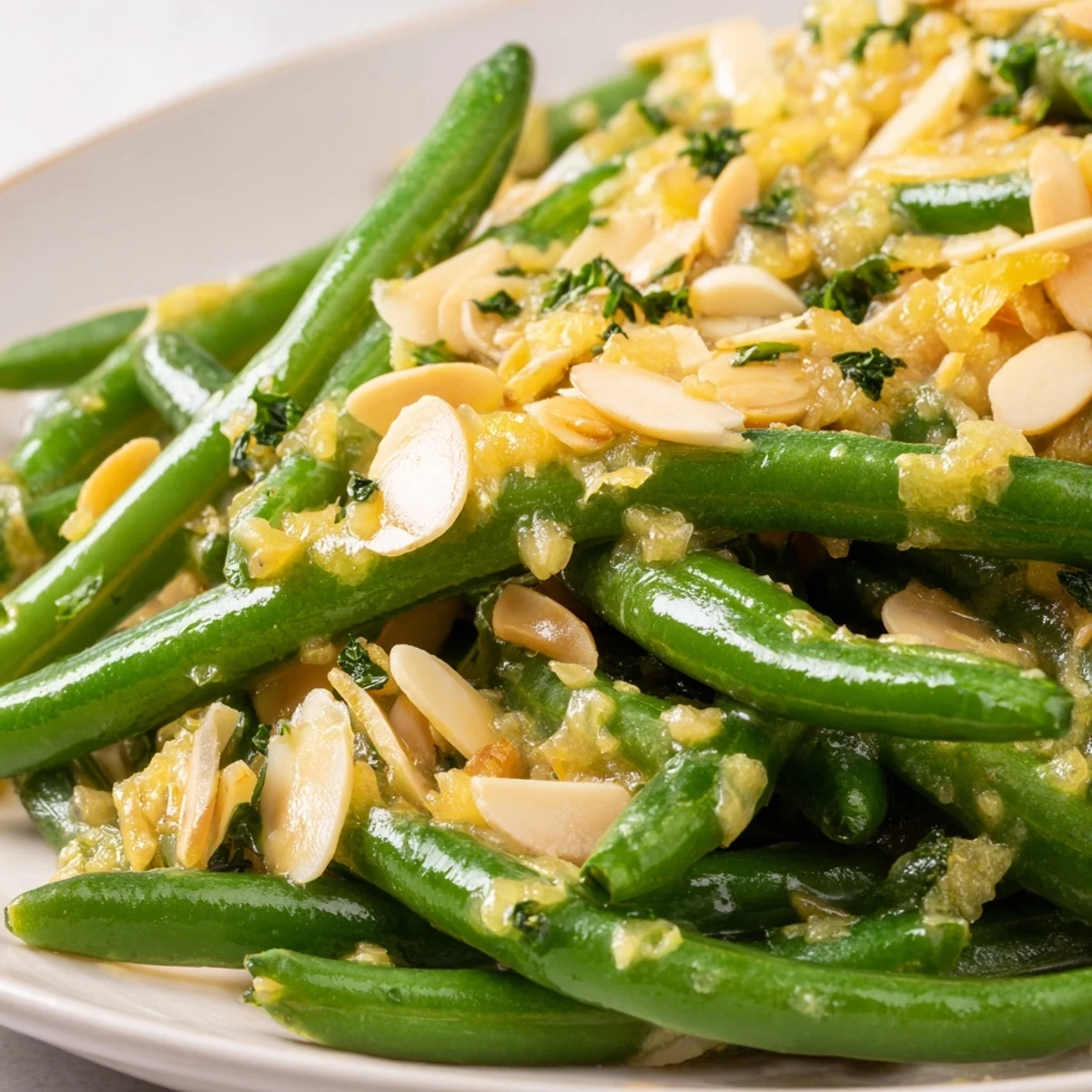 Vibrant green beans tossed with lemon, garlic, and butter, topped with golden toasted almonds for an easy, flavorful side.