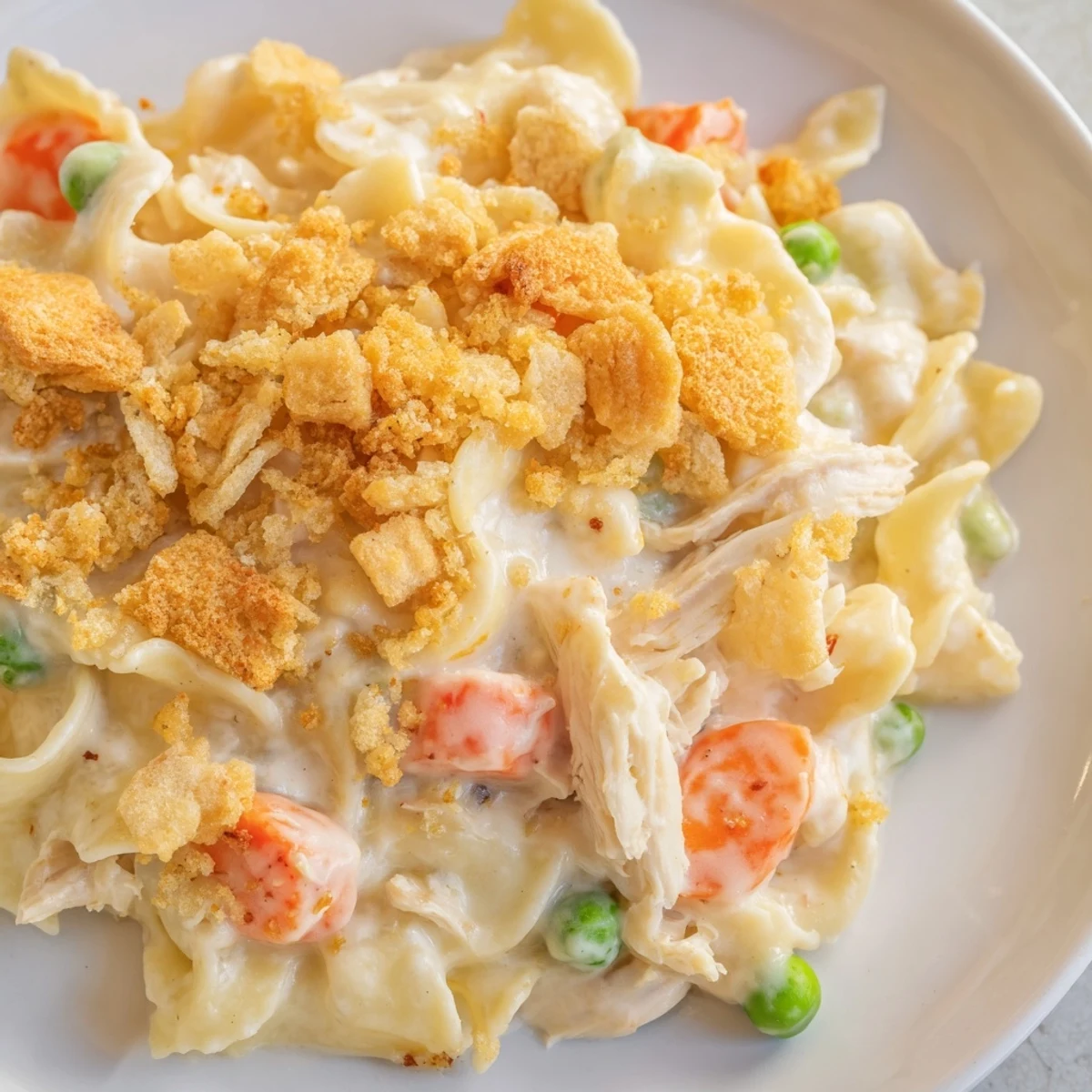 Creamy Chicken Noodle Casserole features egg noodles and chicken in a savory sauce, topped with crunchy cracker crumbs.