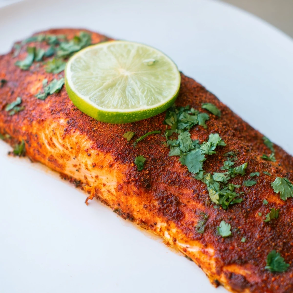 Bright zesty baked salmon with Cajun seasoning and lime, garnished with cilantro and served alongside fluffy white rice and roasted asparagus.