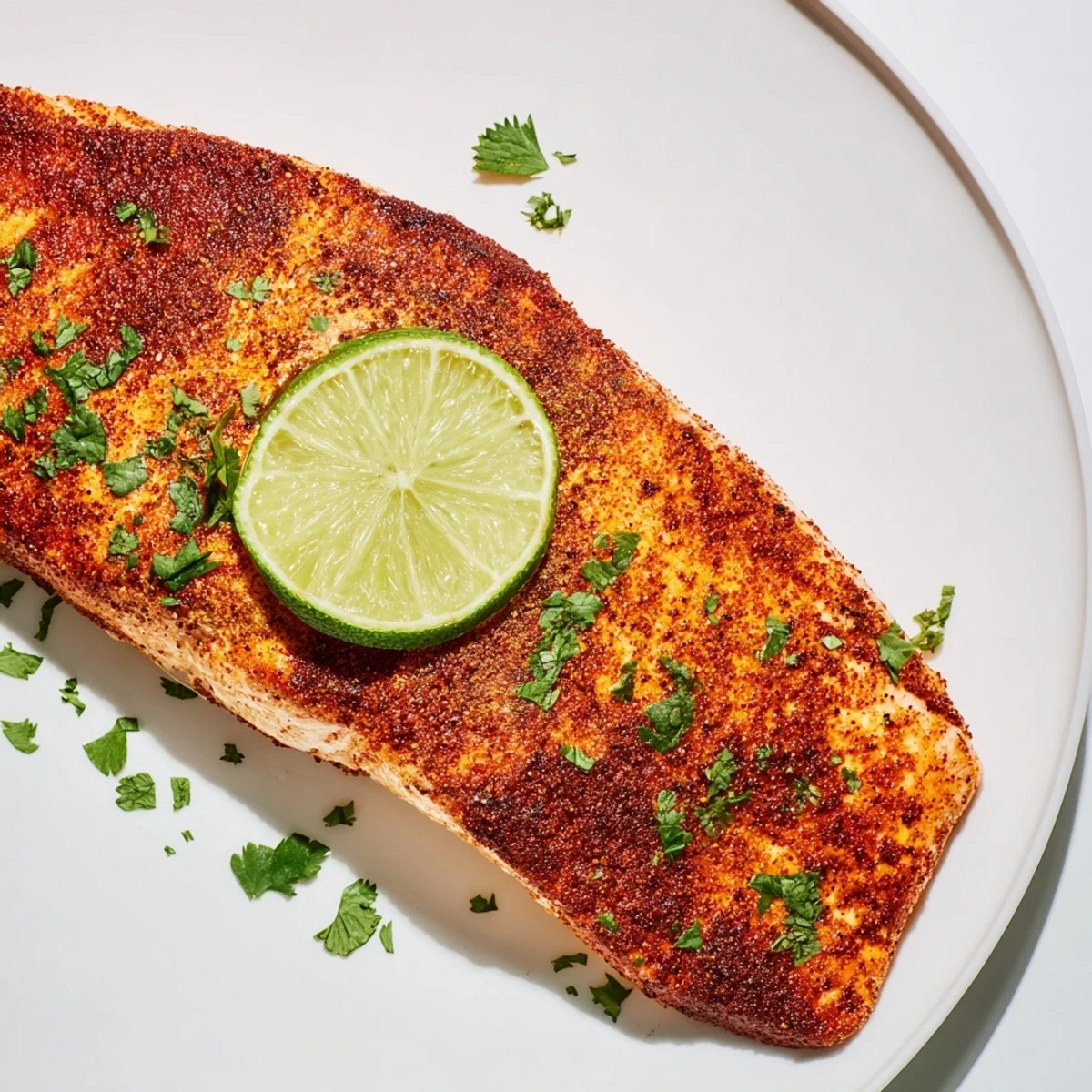 Golden-baked Cajun lime salmon fillets with a crispy edge and flaky interior, topped with fresh lime slices and chopped cilantro on a baking sheet.