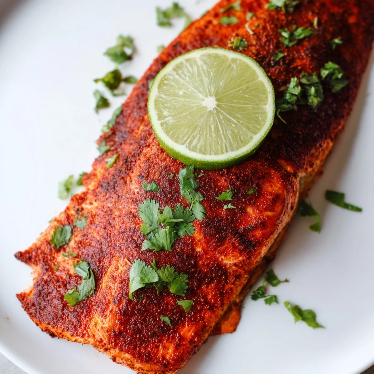 Moist tender salmon fillets baked with Cajun spices and lime, steaming on a sheet pan with vibrant lime rounds and fresh herbs.