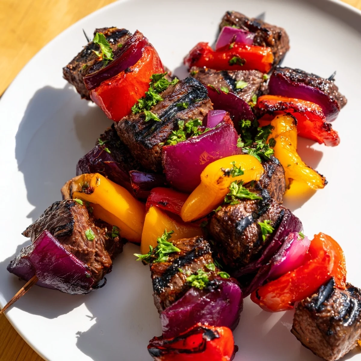 Sizzling Mediterranean Beef Kebabs with Bell Peppers and Red Onion ready to serve with lemon wedges.