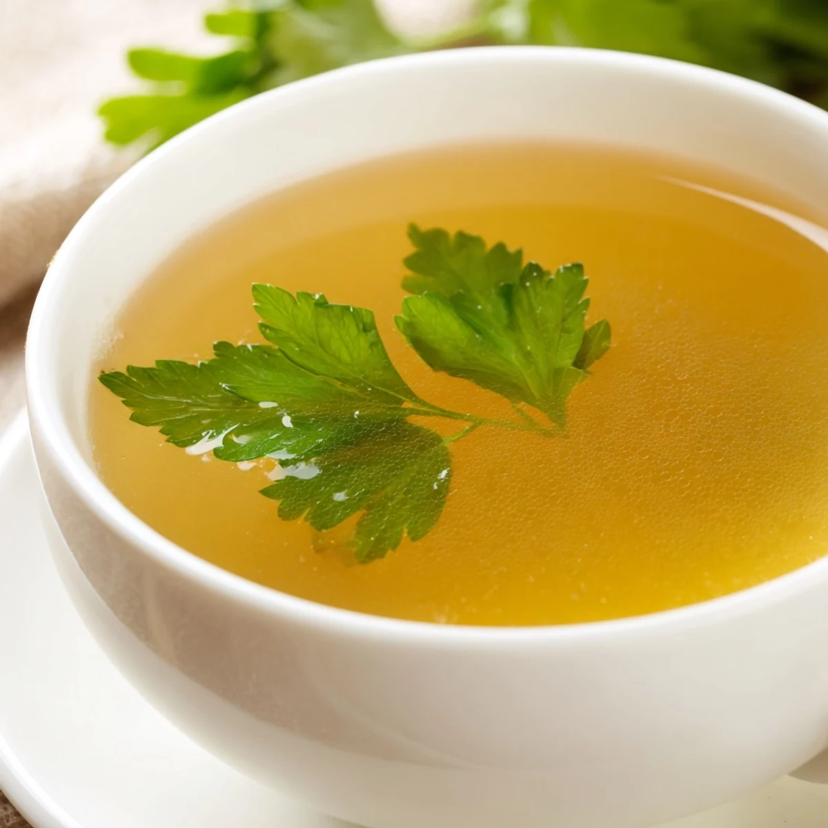 A finished batch of golden homemade vegetable broth with fresh herbs, served in a clear glass bowl beside fresh parsley.