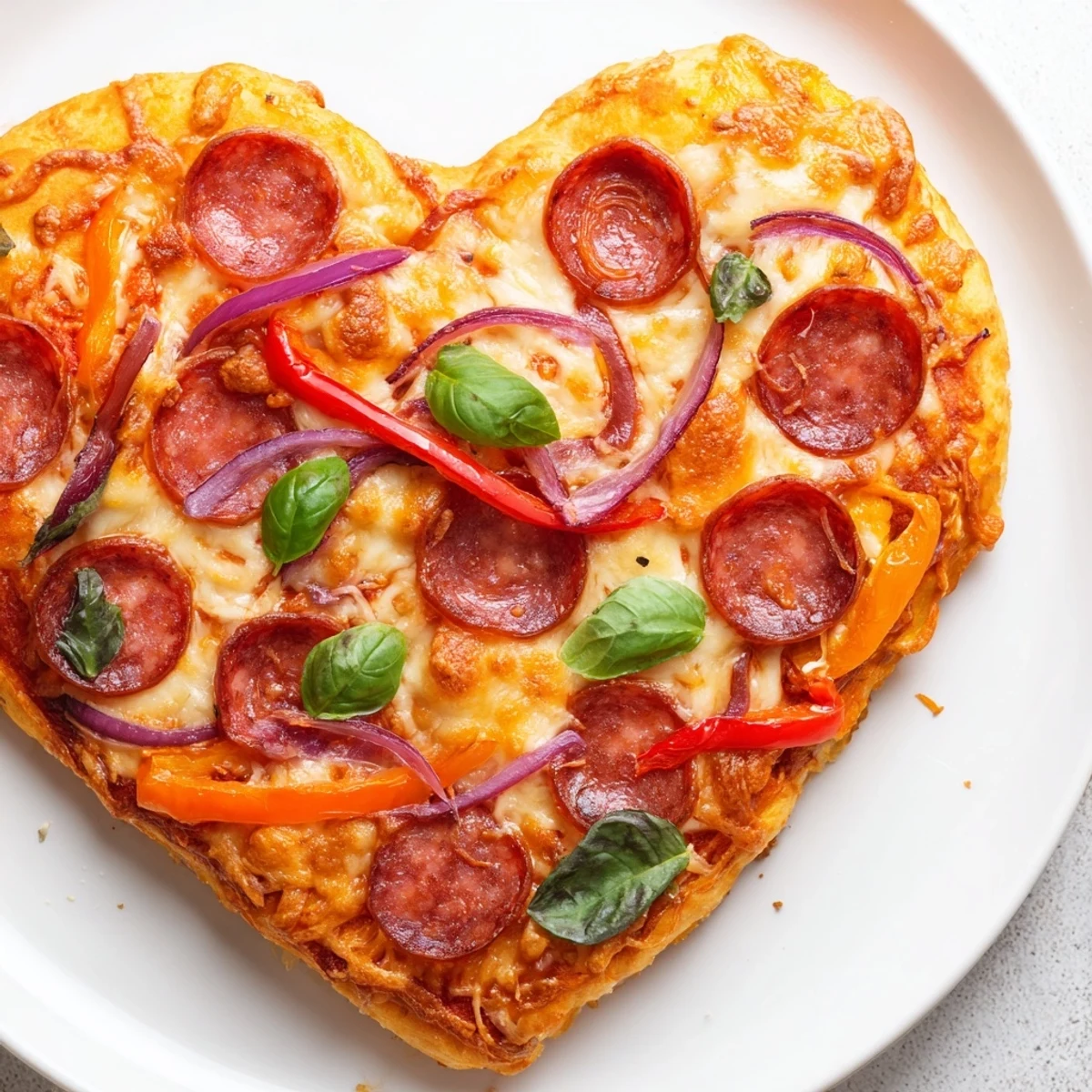 Golden, bubbly mozzarella and halal pepperoni cover a heart-shaped pizza, with fresh basil garnish on a rustic wooden board.  