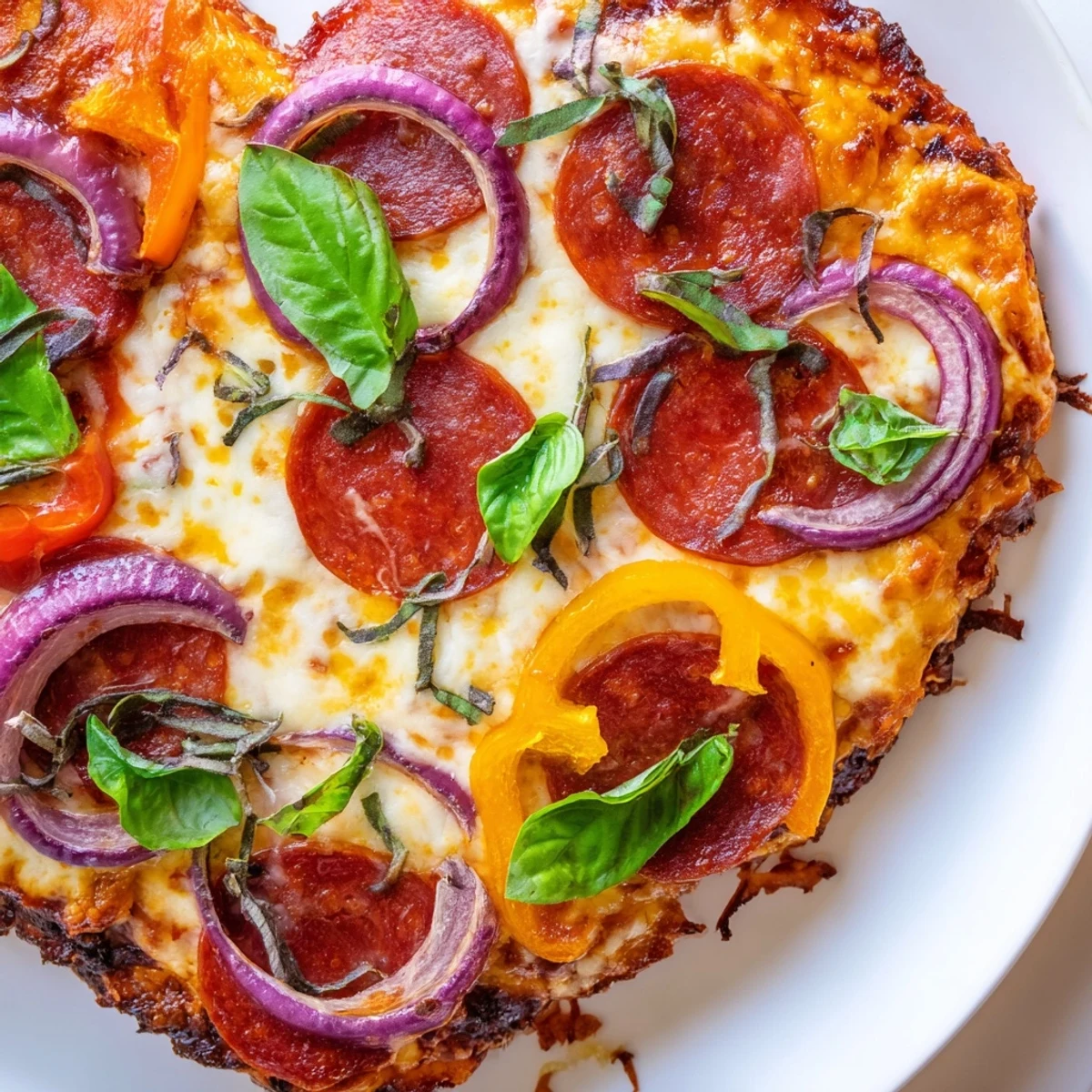 Fresh basil and melted cheese top a heart-shaped halal pepperoni pizza, sliced for a festive family meal.