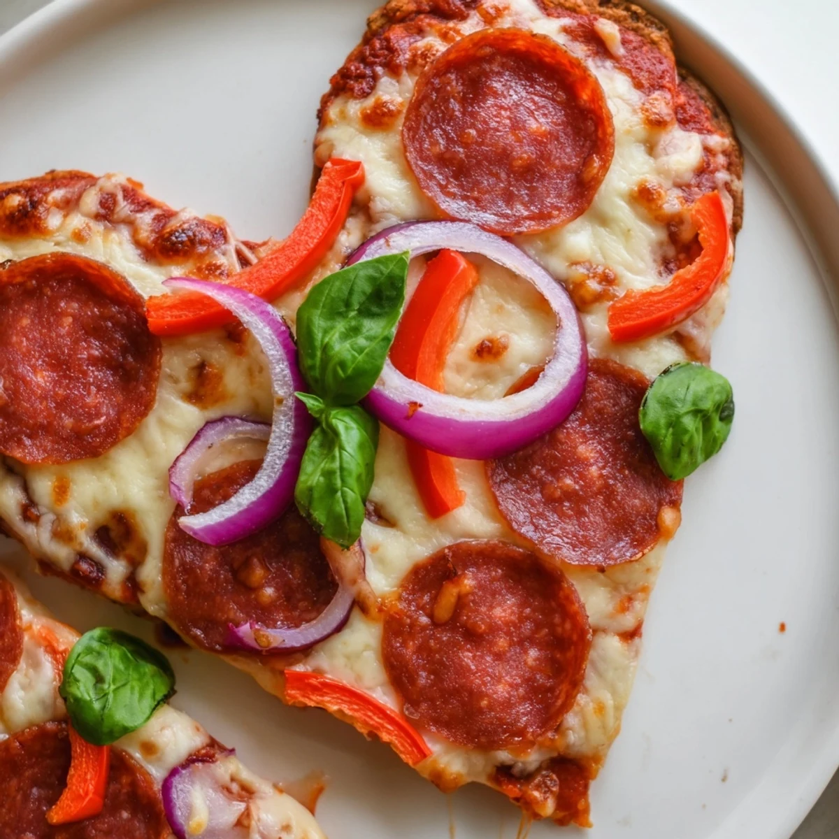 Heart Shaped Halal Pepperoni Pizza with crisp crust and vibrant veggies, served warm on a marble countertop.  
