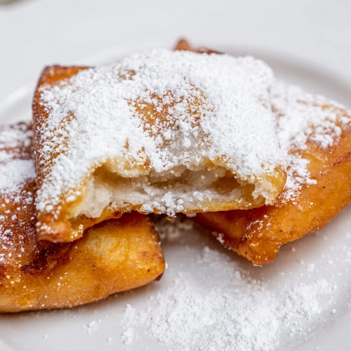 Golden, pillowy Carnival Style Beignets with powdered sugar, stacked high on a rustic plate, ready to be enjoyed warm.