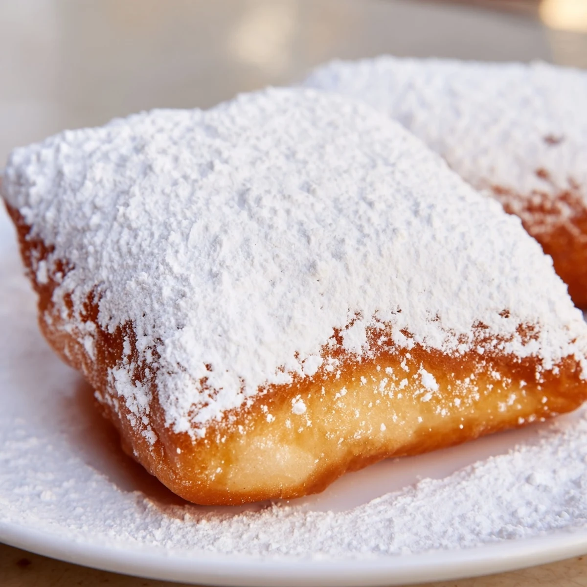 Freshly fried Carnival Style Beignets with powdered sugar, served hot with a cup of café au lait.