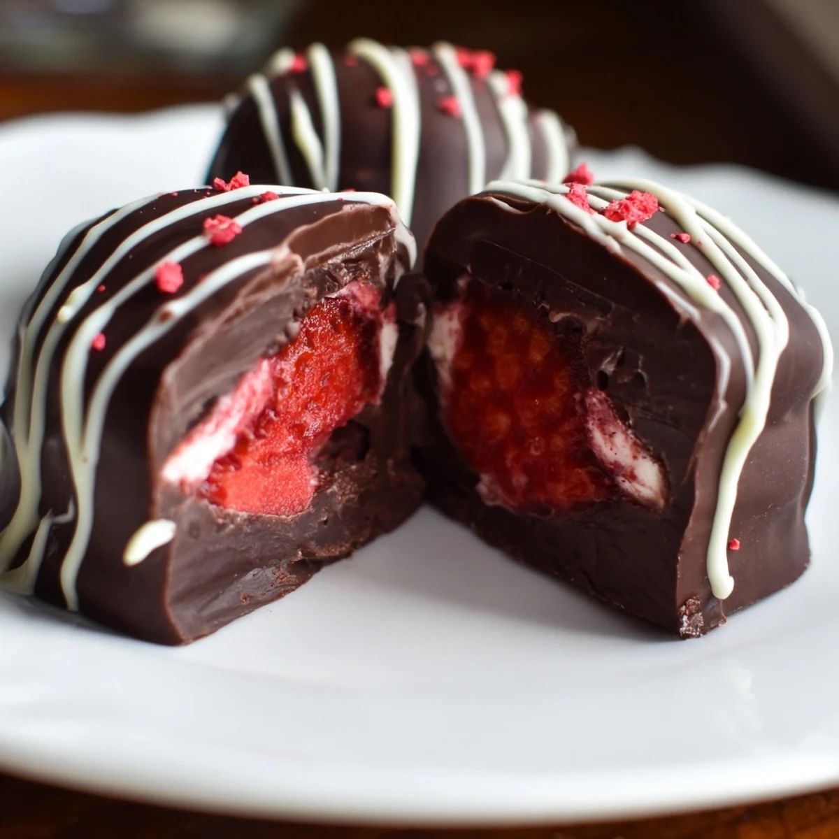 Chocolate Covered Strawberry Cheesecake Bites arranged on a tray with white chocolate drizzle and crushed freeze-dried strawberries.  