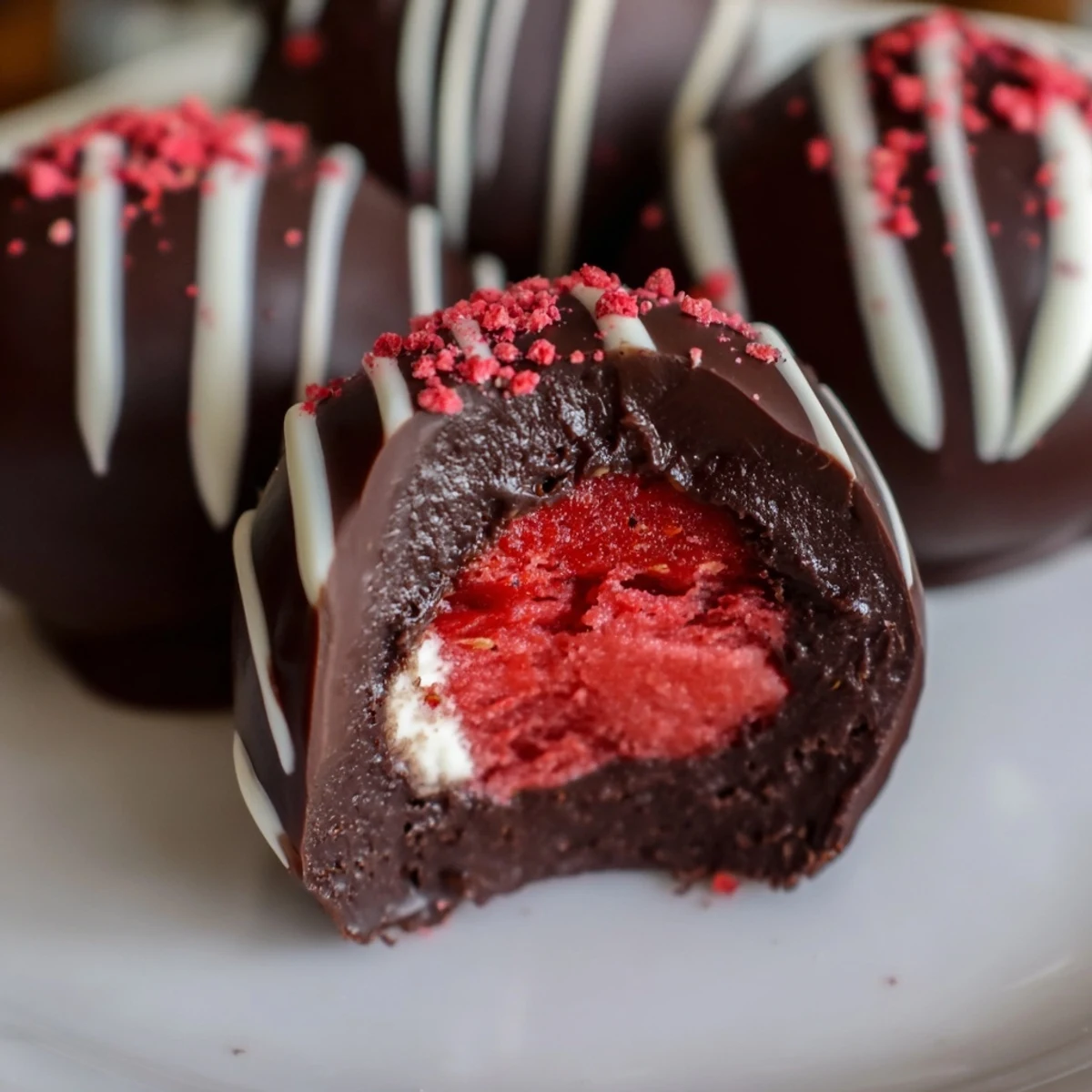 Fresh hulled strawberries piped with sweet cheesecake filling and dipped in glossy melted chocolate, served chilled.  