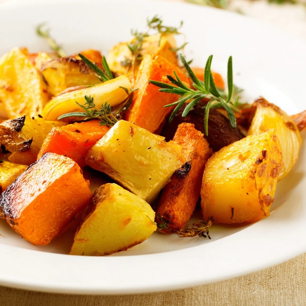 Golden-brown roasted carrots, parsnips, sweet potatoes, and onions with fresh rosemary and garlic on a baking sheet.