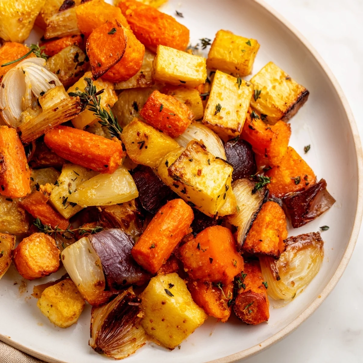 A close-up of Garlic Herb Roasted Root Vegetables garnished with fresh parsley, perfect for a cozy dinner side.
