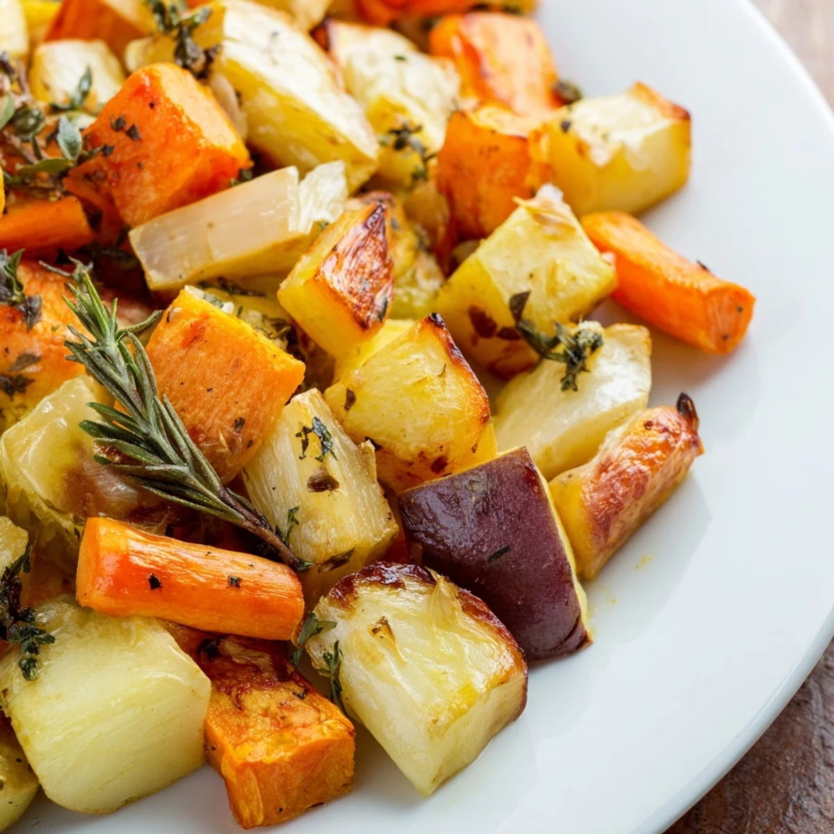 Vibrant, caramelized root vegetables tossed with olive oil and herbs, ready to serve warm as a vegan side dish.