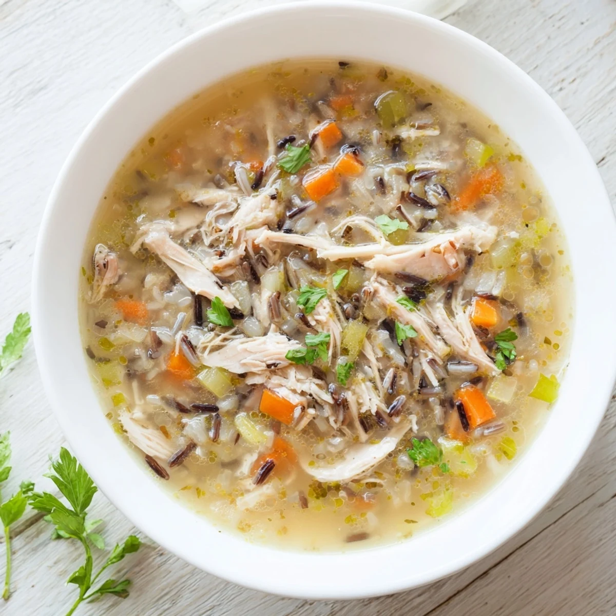 This hearty bowl of Chicken and Wild Rice Soup with Celery showcases tender chicken and aromatic herbs in a savory broth.