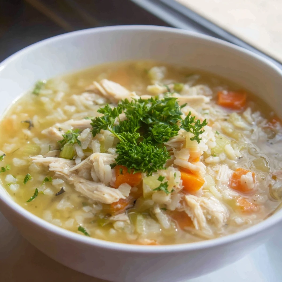 Steaming bowl of Chicken and Wild Rice Soup with Celery, featuring colorful carrots and fresh parsley garnish on top.