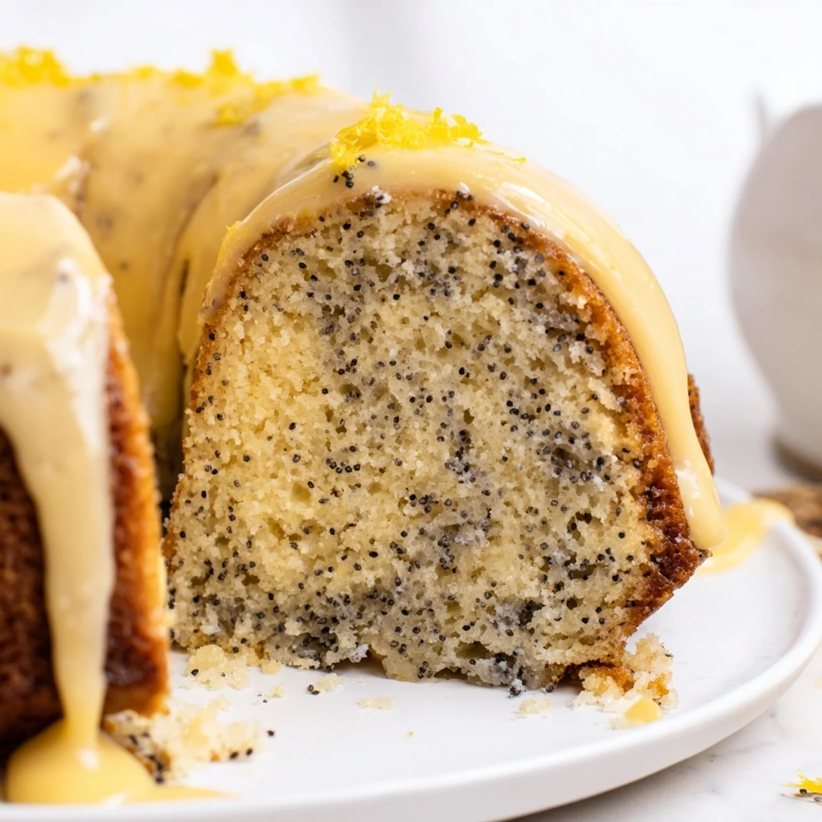 This moist Lemon Poppy Seed Bundt Cake shows off its tender crumb and sweet, tangy lemon glaze on a marble countertop.  