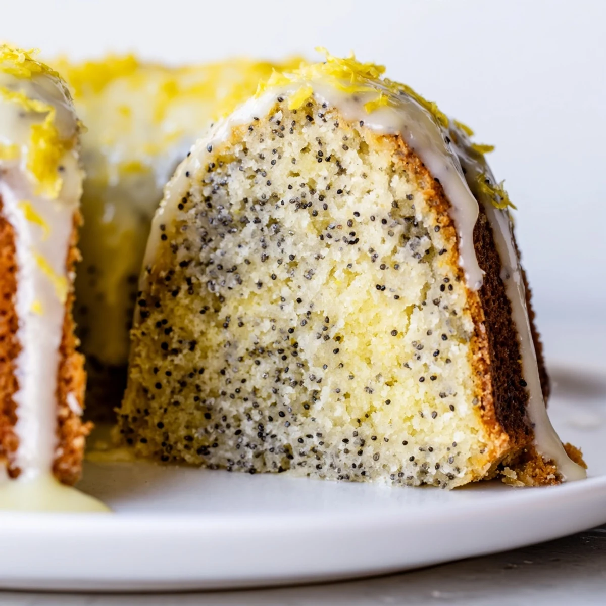 A slice of Lemon Poppy Seed Bundt Cake reveals poppy seeds in the crumb, paired with a cup of tea for serving.