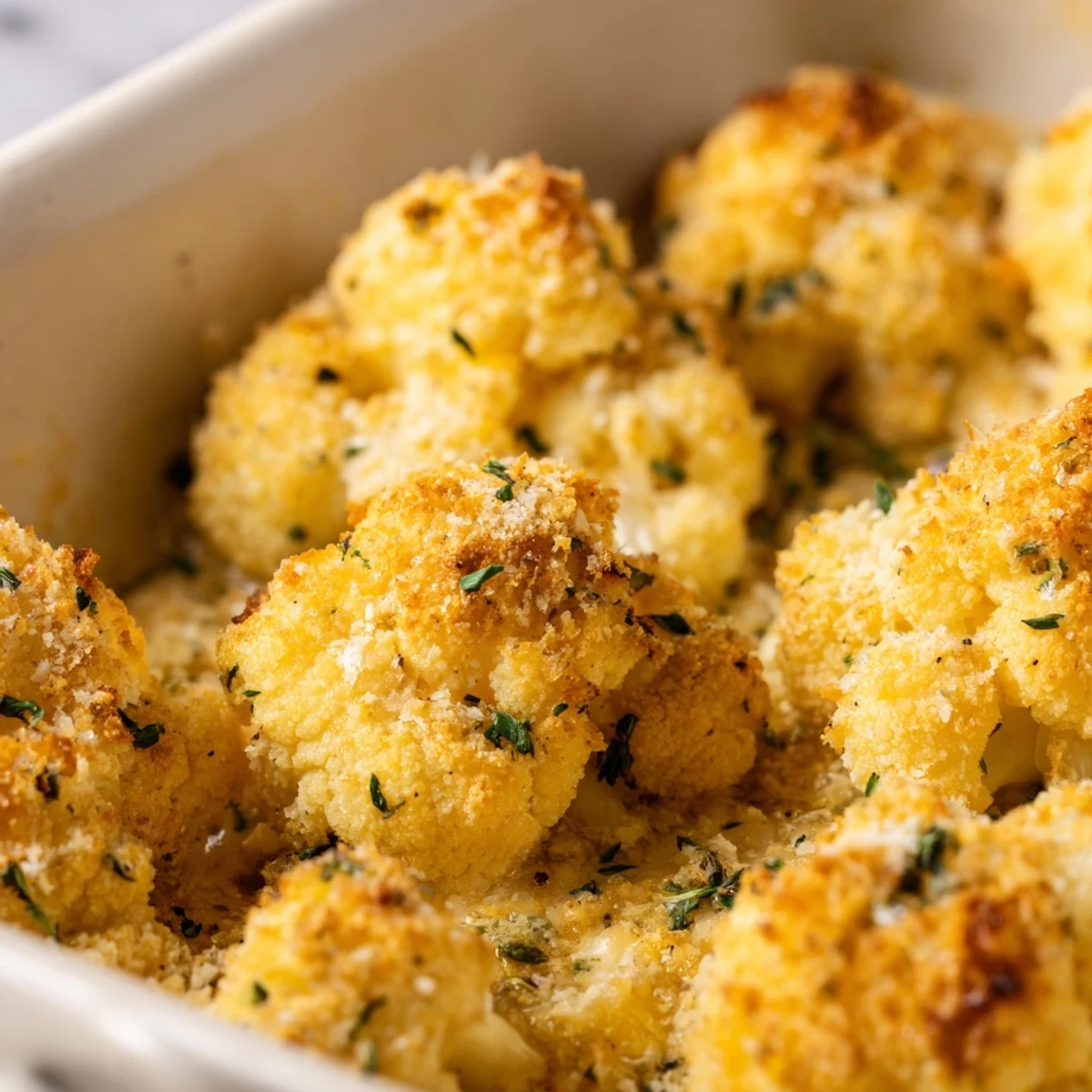 Golden-brown Cheesy Cauliflower Bake with Herbs fresh from the oven, with steam rising from the tender, cheese-coated florets.