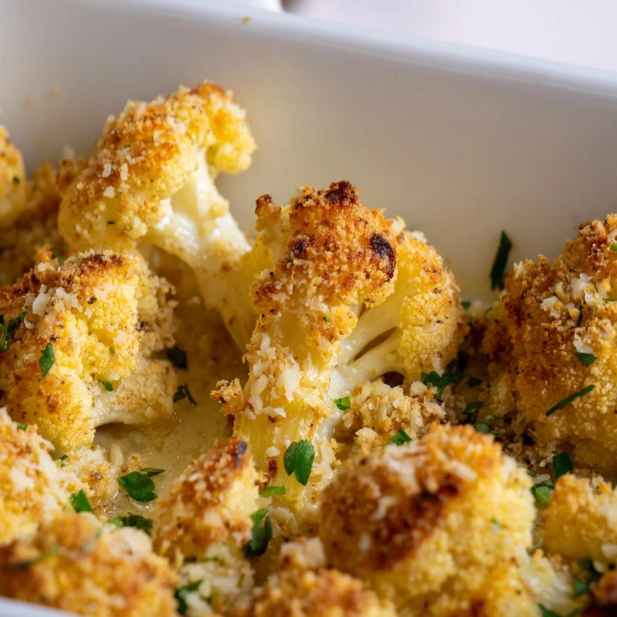 Fresh herbs garnish this creamy Cheesy Cauliflower Bake, served as a warm, comforting side dish with a vegetarian focus.