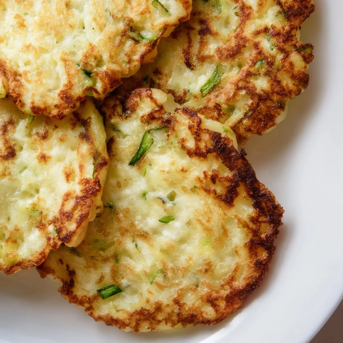 Golden-brown Irish Potato Cakes with Scallions sizzling in a pan, crisp edges visible as fresh green scallions fleck the tender interiors, ready for breakfast.