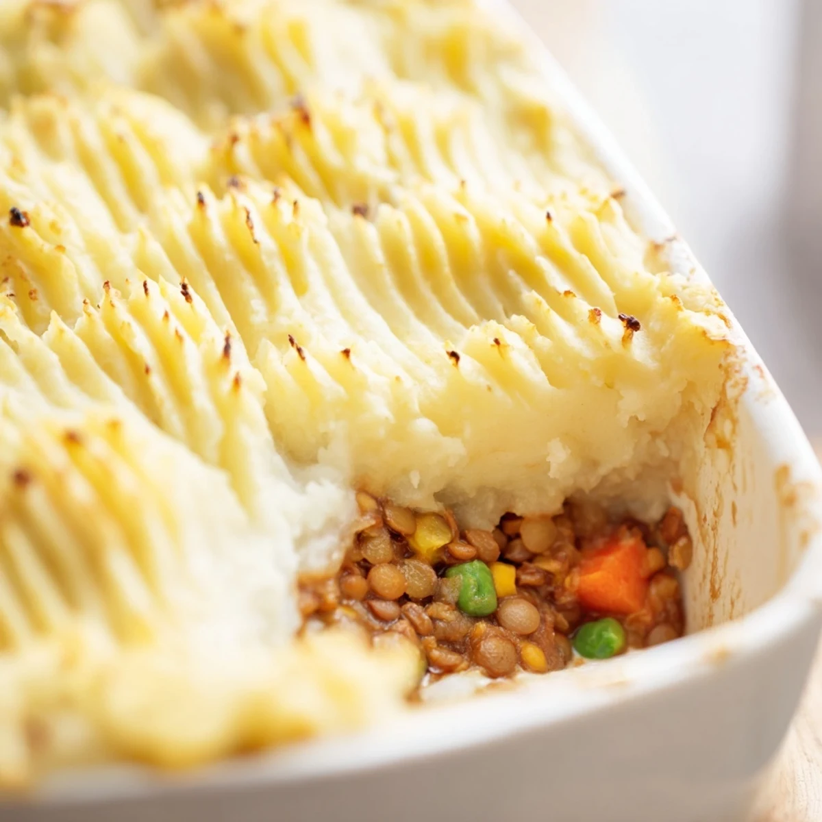 Golden-brown Vegan Lentil Shepherd's Pie bubbling from a 9x13 baking dish, ready to slice.  