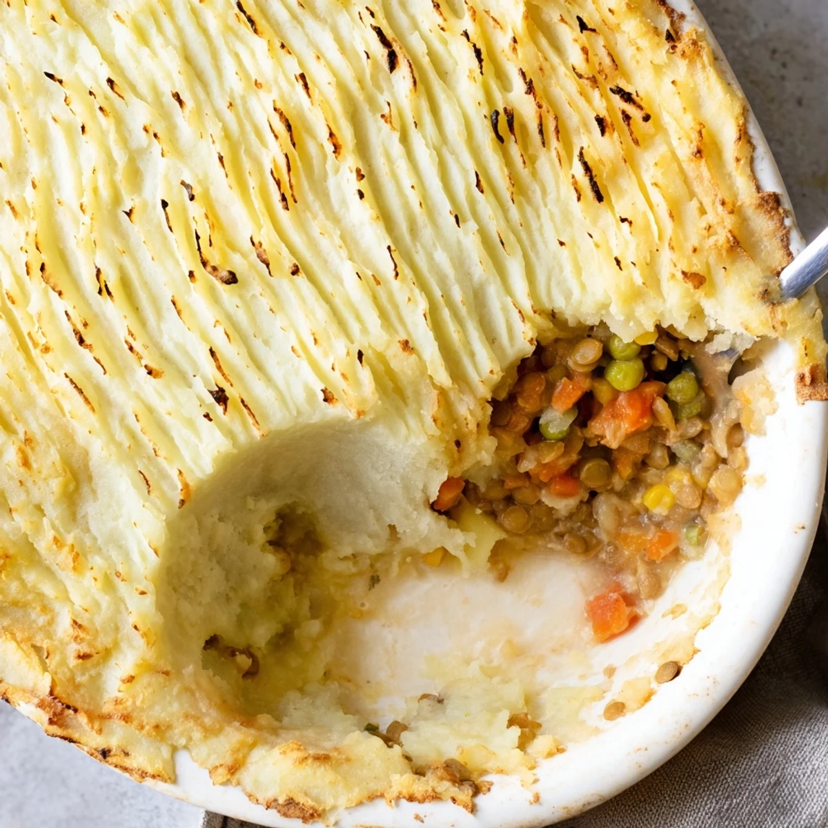 Close-up of a freshly baked Vegan Lentil Shepherd's Pie with golden, fork-marked mashed potatoes.  