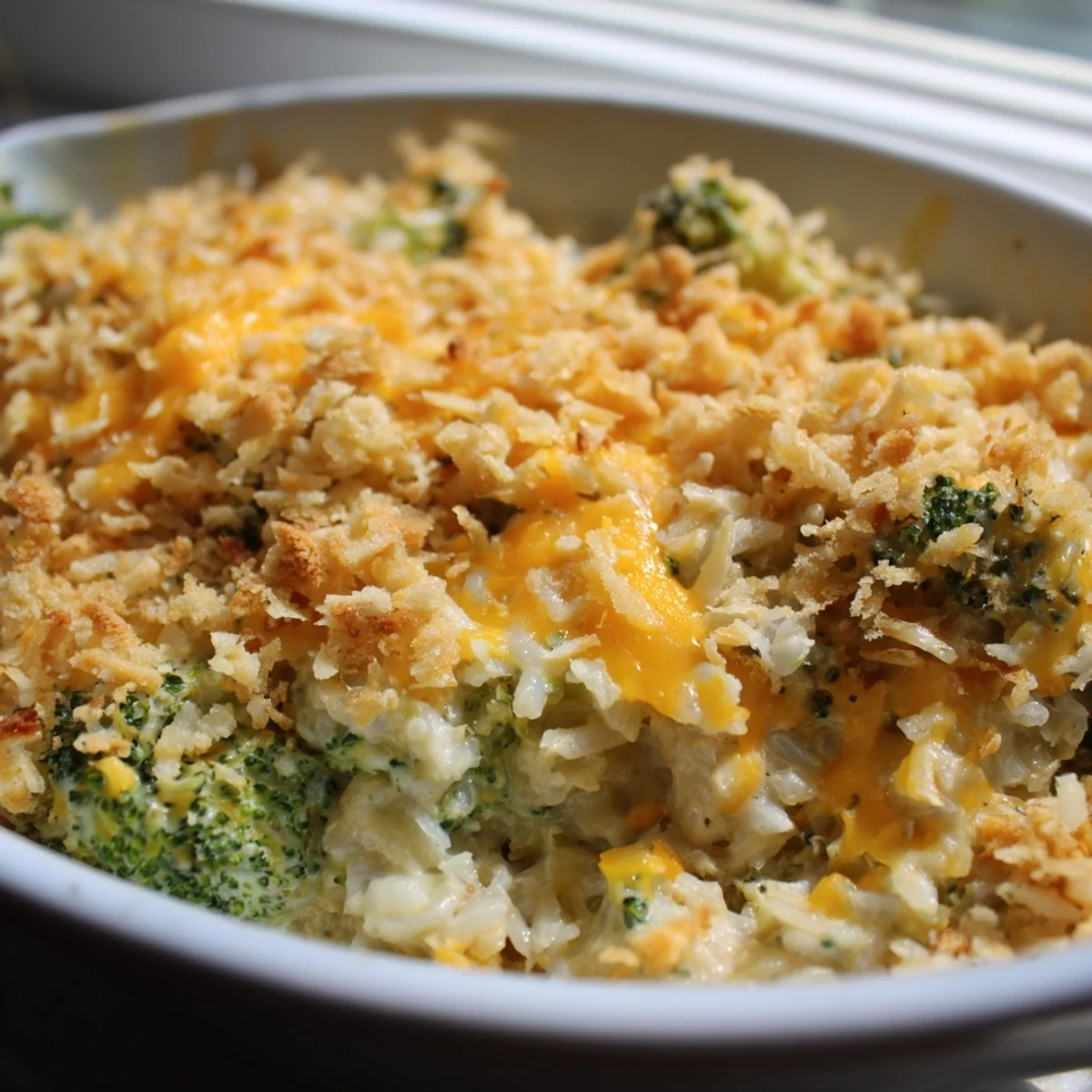 Homemade Cheesy Broccoli and Rice Casserole rests in a dish, garnished with parsley and served alongside a fresh salad.