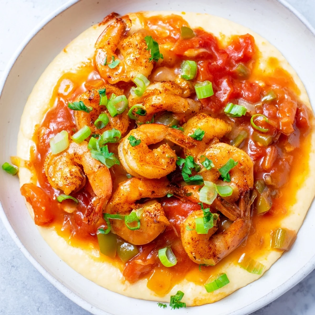 Savory Mardi Gras shrimp and grits served in a skillet, featuring a rich, aromatic tomato gravy perfect for festive occasions.