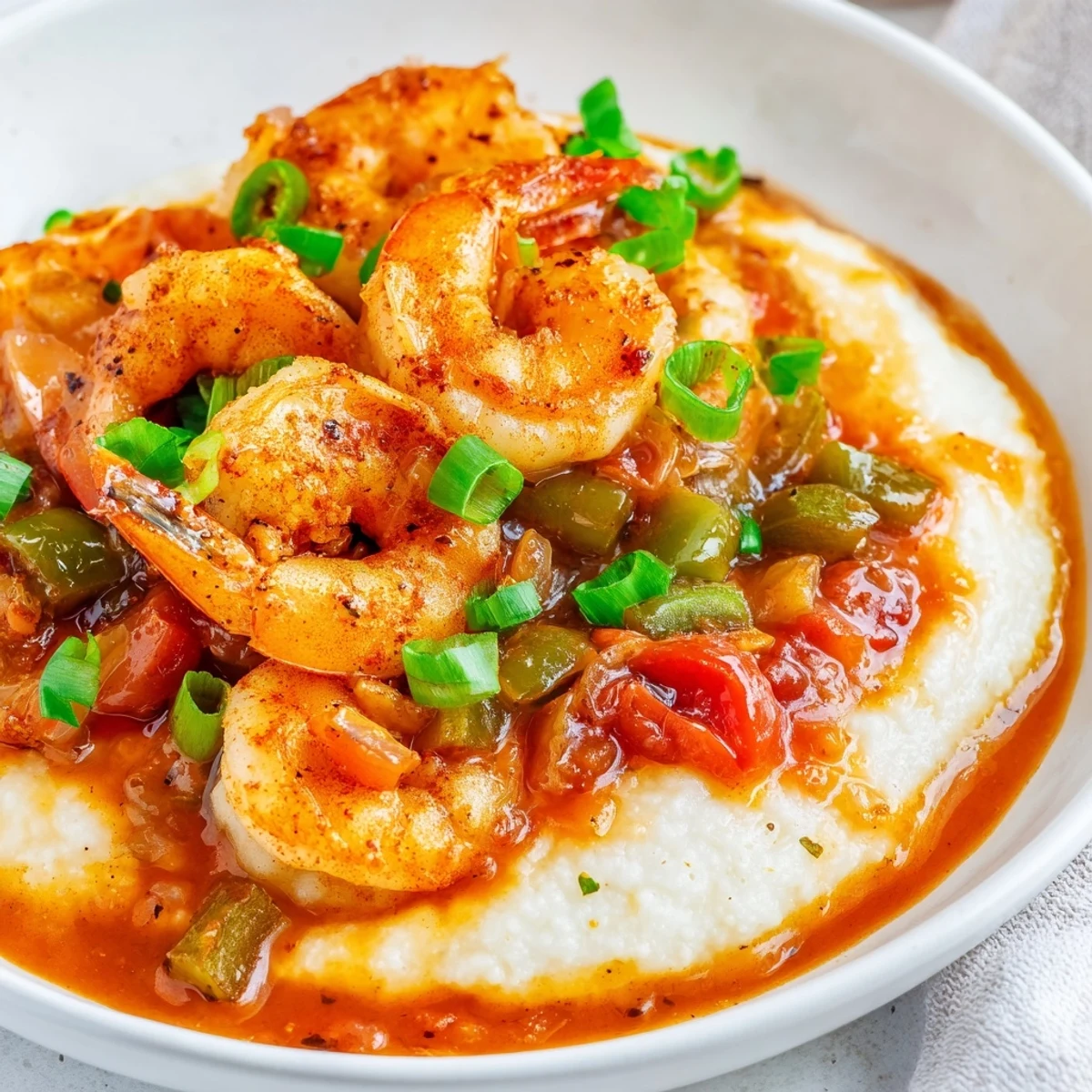 Creamy cheddar grits topped with juicy Cajun shrimp and a vibrant, lightly spicy tomato gravy, garnished with green onions.
