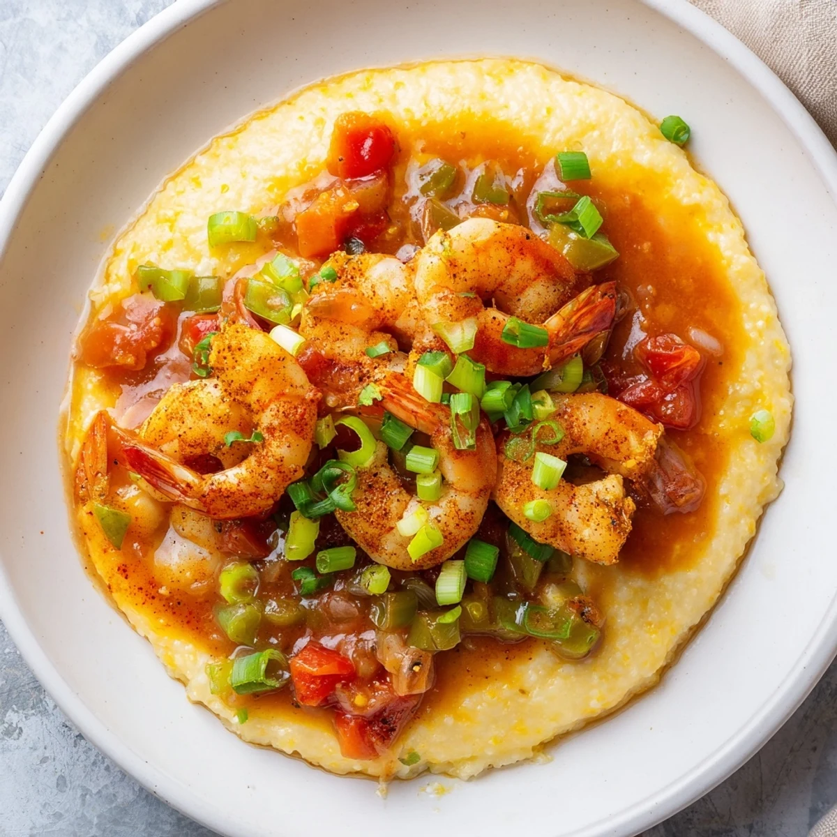 Heaping spoonfuls of Southern-style Mardi Gras shrimp and grits, drizzled with a smoky tomato gravy and fresh parsley garnish.