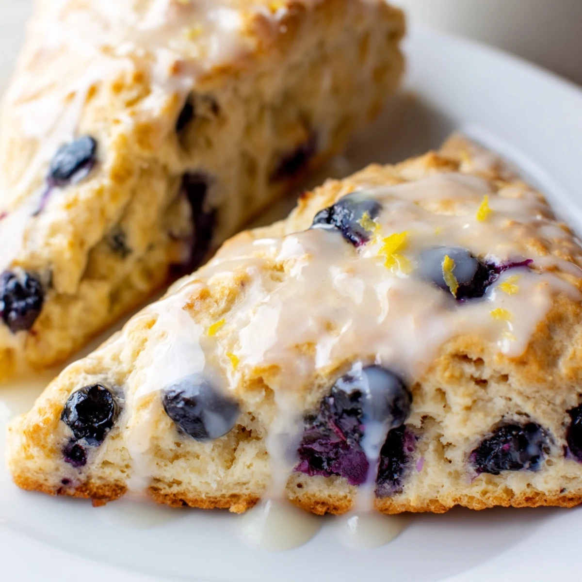 Freshly baked Lemon Blueberry Scones with Lemon Glaze cooling on a wire rack, with a jar of glaze and fresh lemon zest nearby.  
