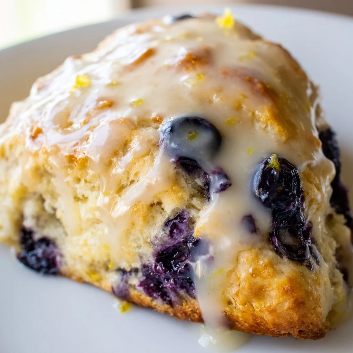 Golden Lemon Blueberry Scones drizzled with sweet lemon glaze, served warm with a cup of Earl Grey tea on a rustic table.  