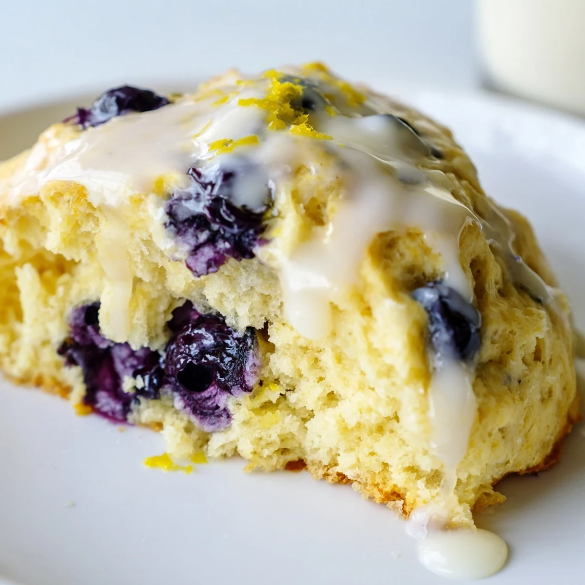 Freshly cut Lemon Blueberry Scones reveal juicy blueberries and tender crumb, perfect for a bright American breakfast or brunch.