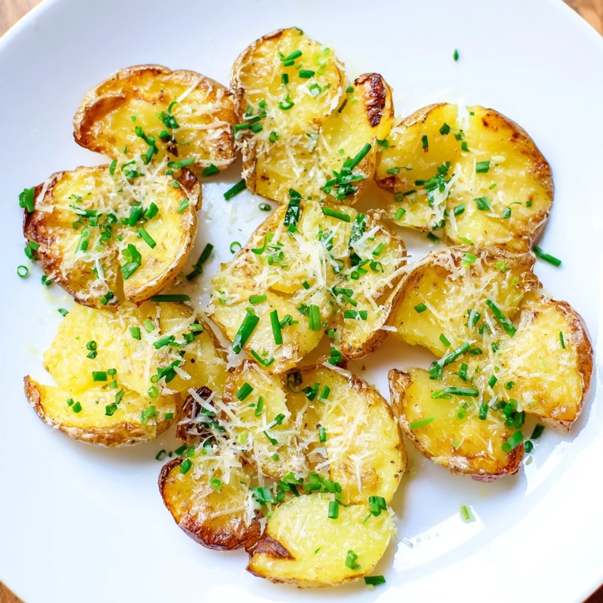 Golden, crispy Garlic Parmesan Smashed Potatoes with fresh chives, served hot from the oven as a savory side.