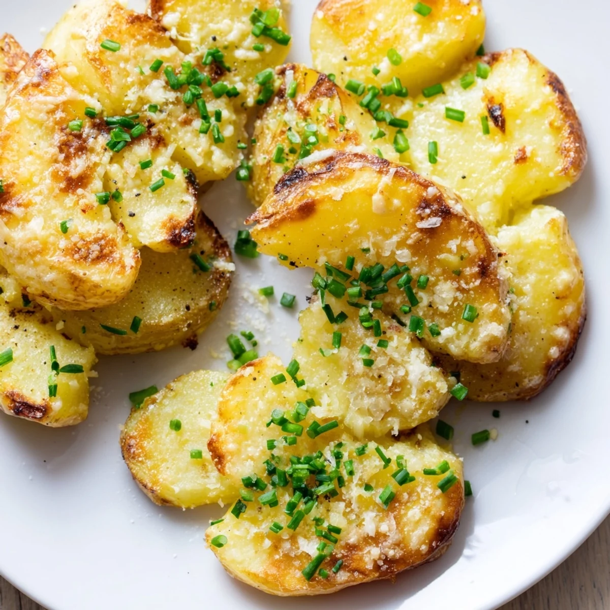 Rustic platter of crispy smashed potatoes with garlic butter, Parmesan, and chives, ready to serve alongside a main course.
