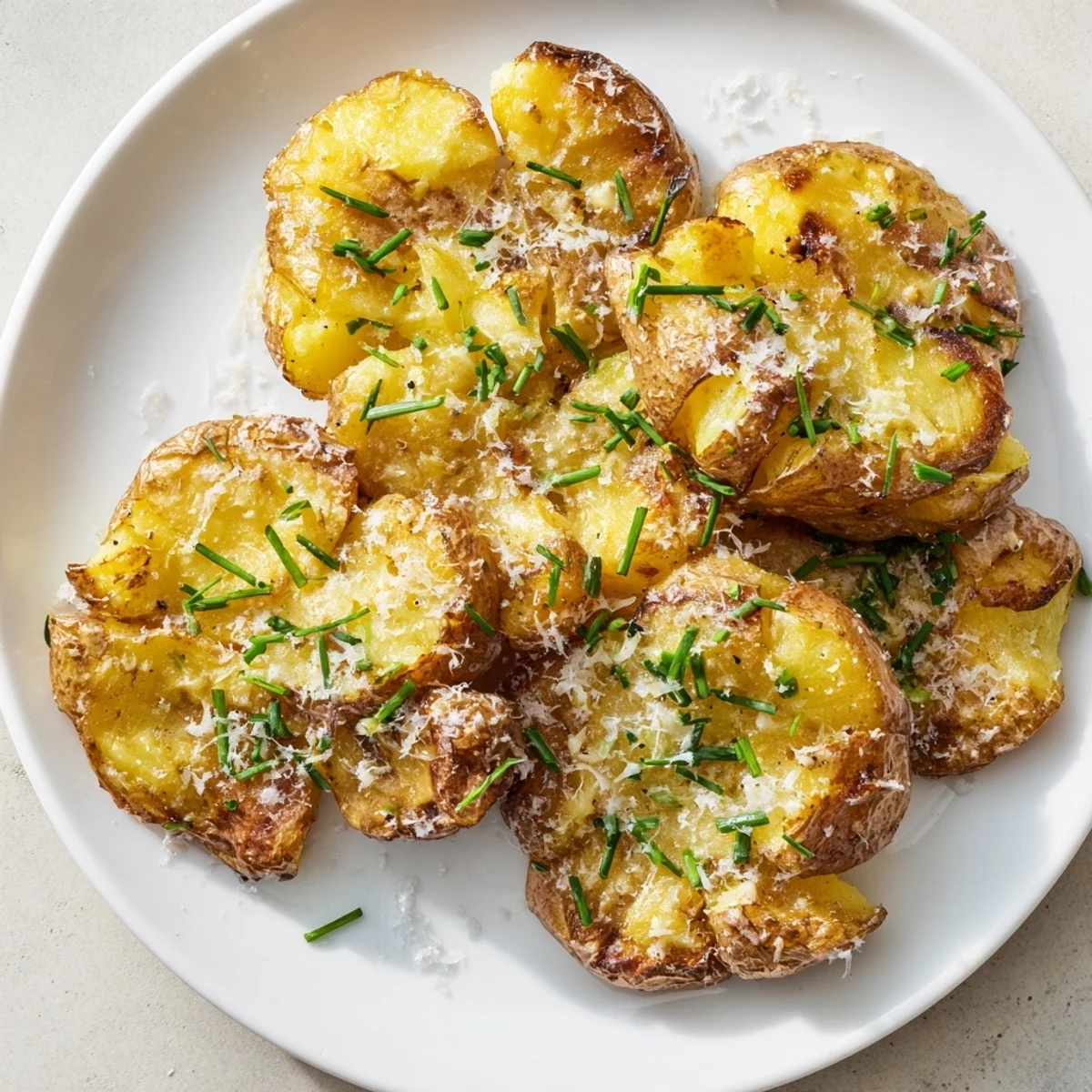 A close-up of smashed potatoes brushed with garlic butter, topped with melted Parmesan and fresh green chives.