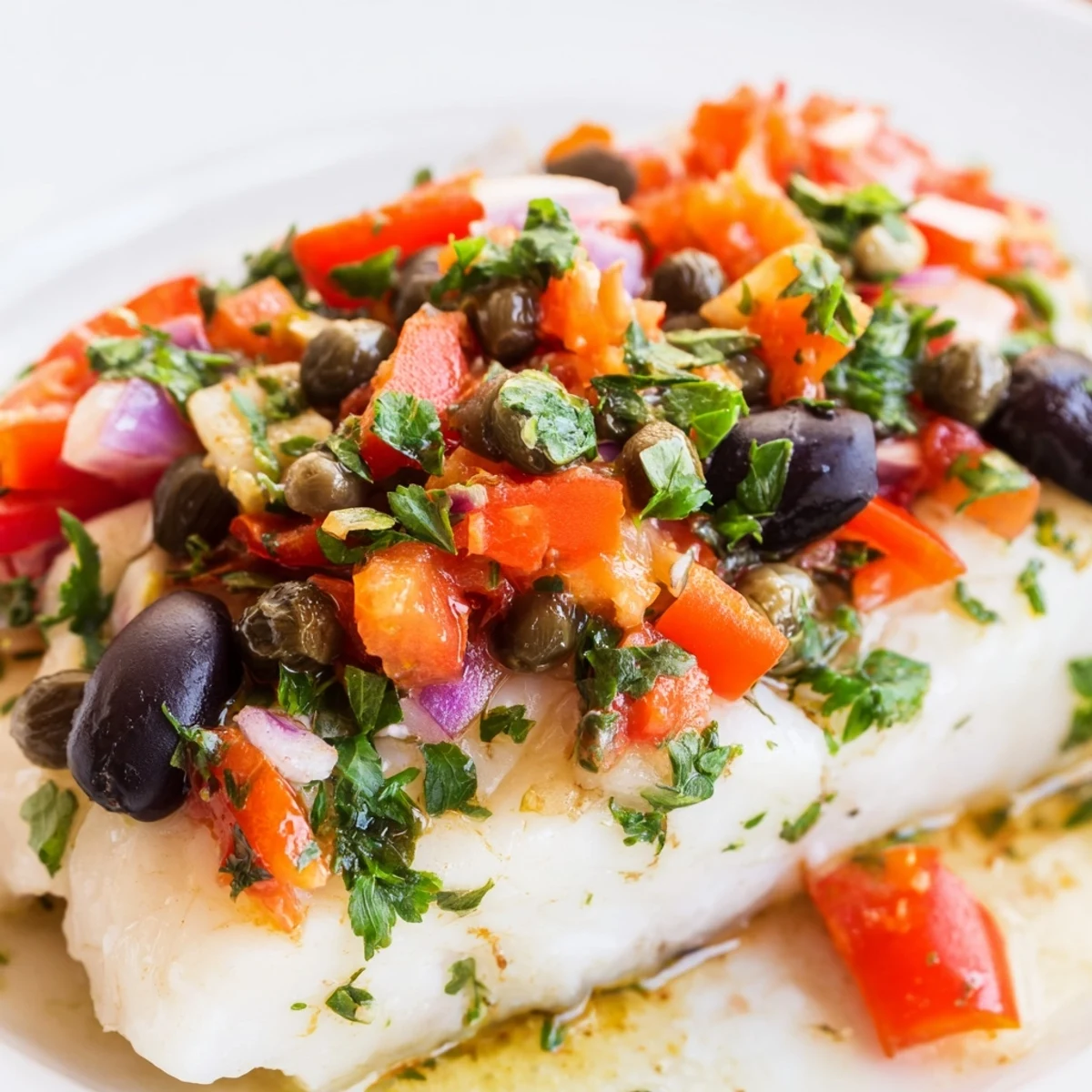 Golden-brown baked cod fillets topped with a vibrant tomato and olive salsa, served with fresh lemon wedges on a white plate.  