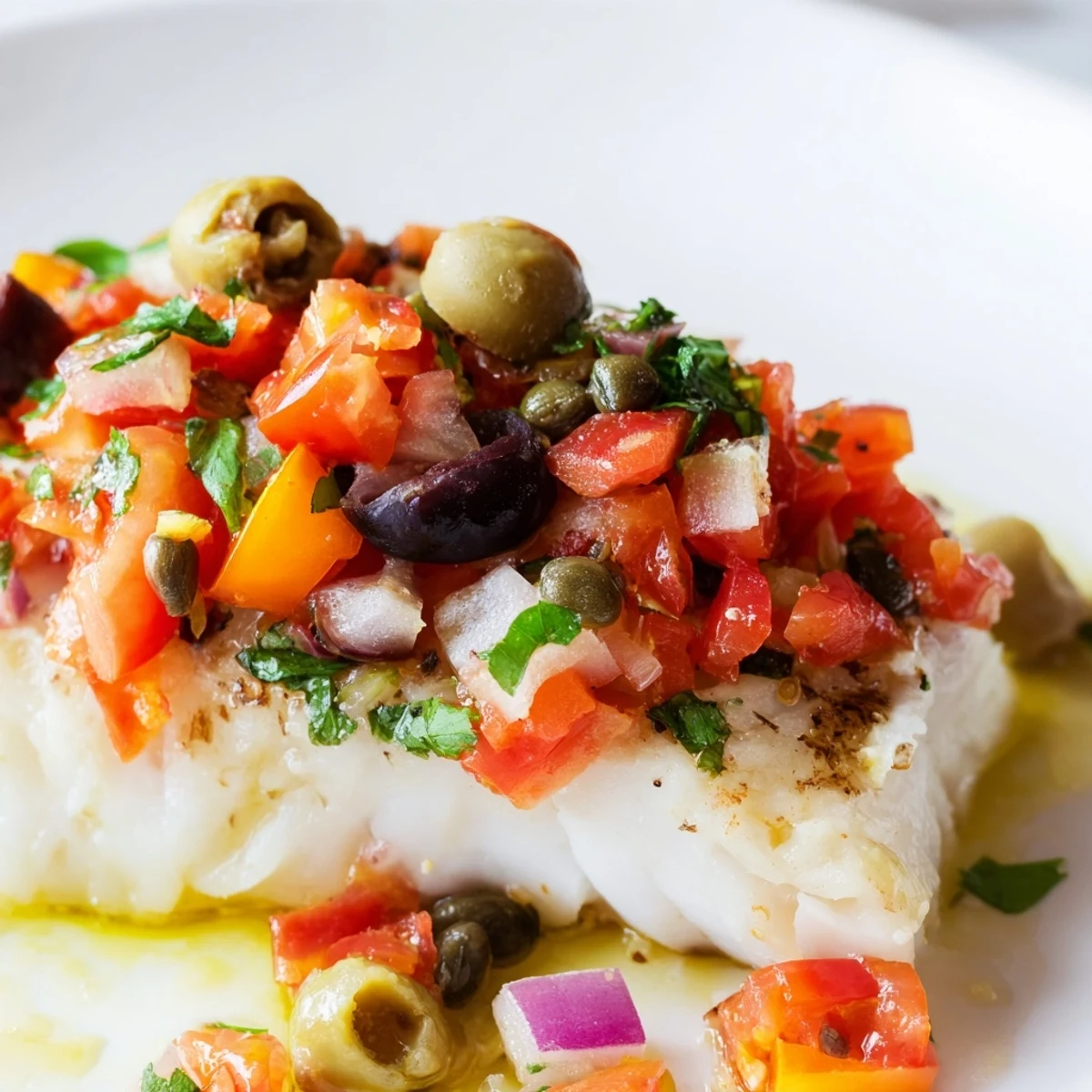 Flaky, tender cod fillets baked to perfection with a bright Mediterranean tomato and olive salsa garnish.  