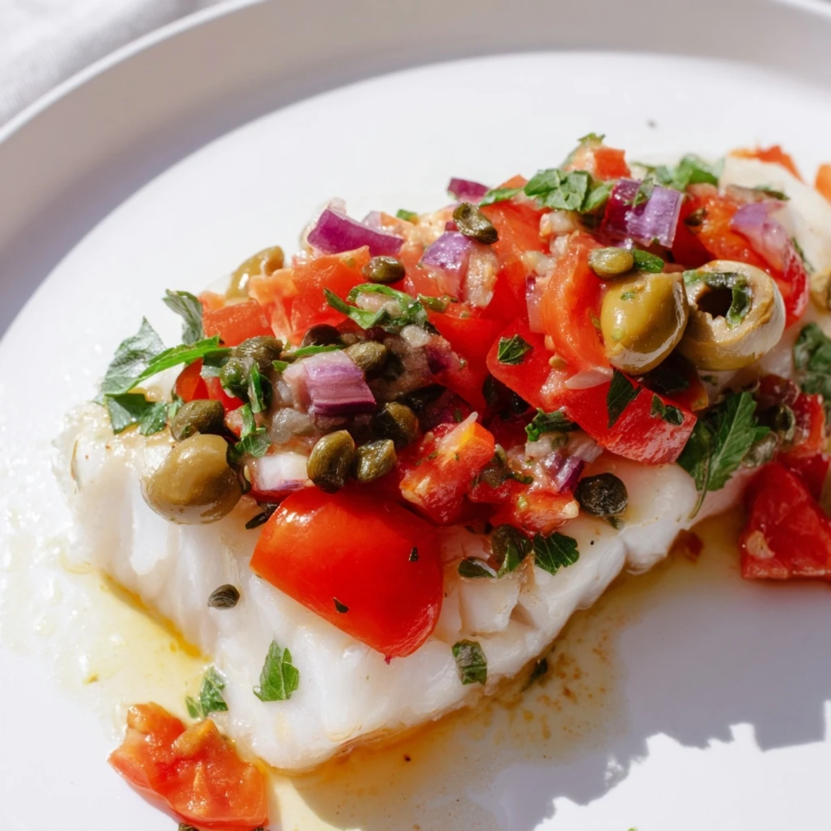 A close-up of baked cod fillets with a colorful tomato and olive salsa, ready for a healthy dinner.