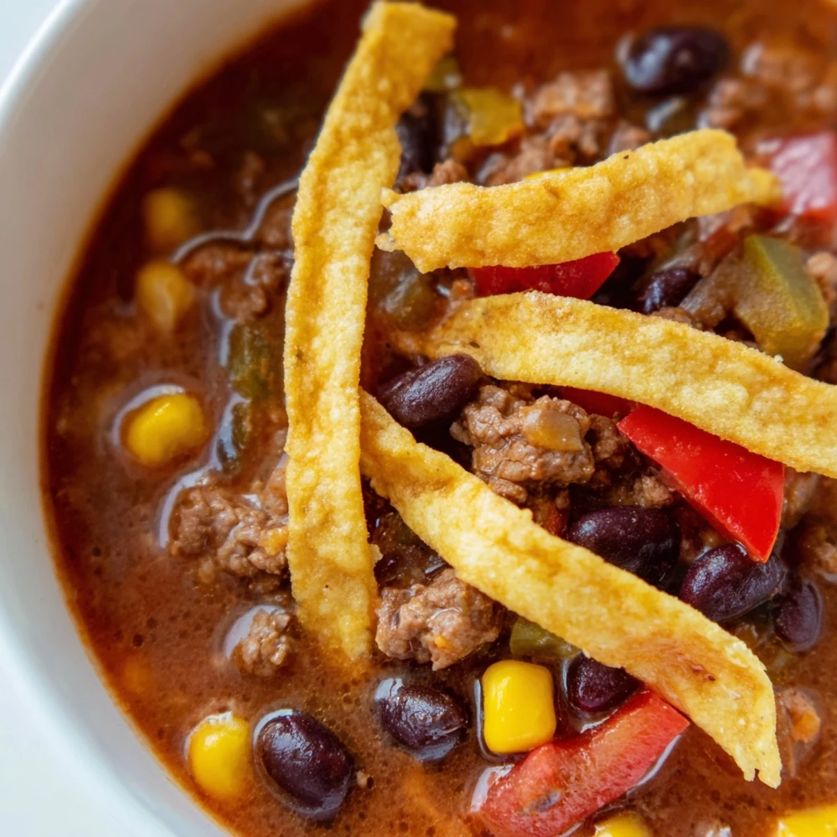 Topping a bowl of Beef Enchilada Soup with crispy tortilla strips, shredded cheese, and fresh cilantro.