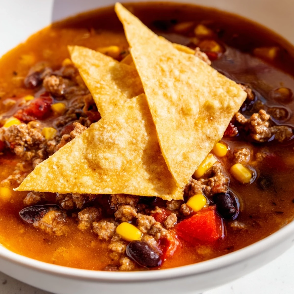 Ground beef, beans, and corn simmer in a rich, red enchilada broth for a hearty meal.