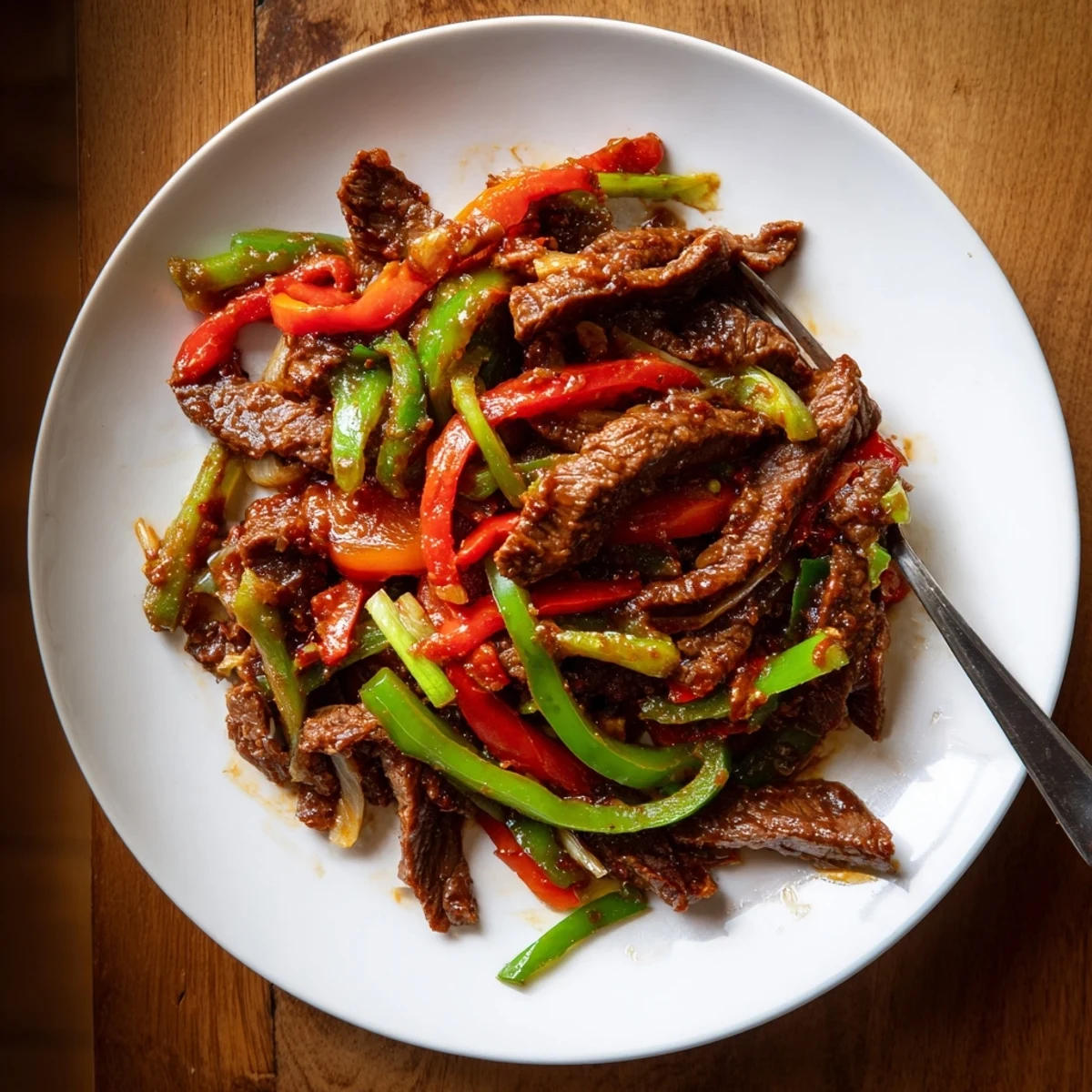 A close-up of a plate of Spicy Beef and Pepper Stir Fry served over fluffy white rice, garnished with fresh green onions.  
